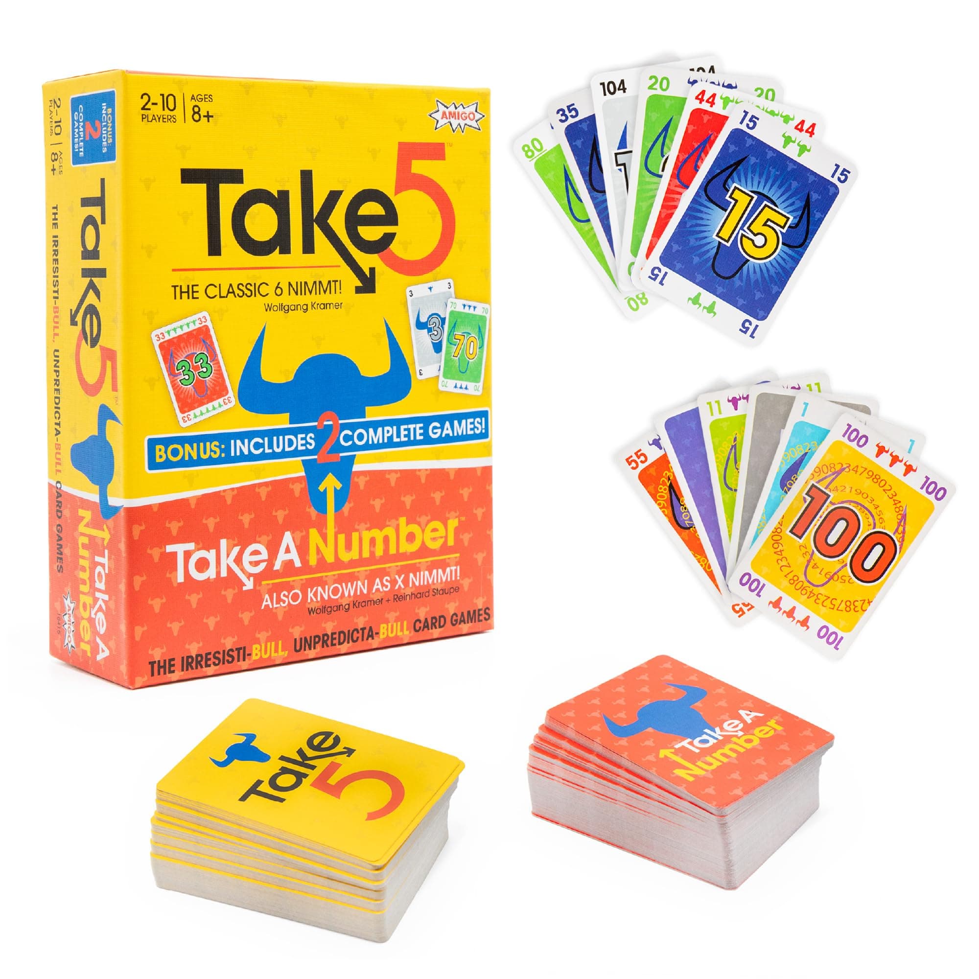 AMIGO Games Take 5 & Take a Number – Two Complete Games in One – Take 5 is The Classic 6 Nimmt! & Take a Number is Also Known as X Nimmt! – Classic Card Games for Kids & Adults Ages 8 & Older