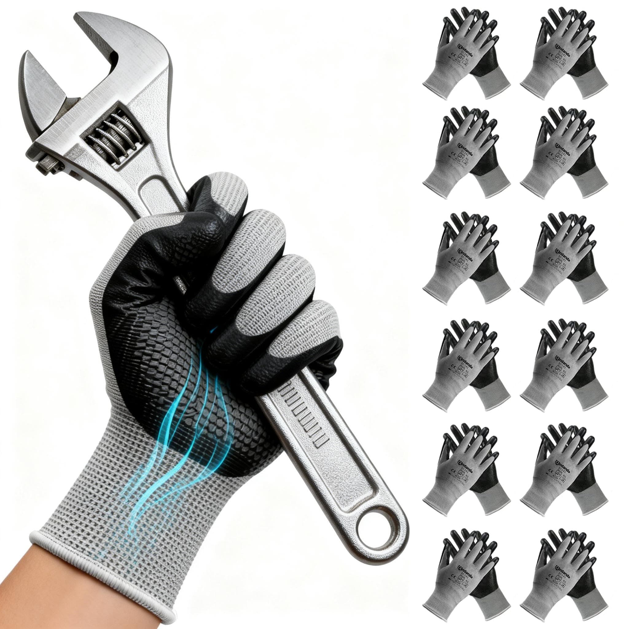 ANDANDA Men‘s Work Gloves with Nitrile Coating - Pack of 6 | Safety Gloves for Mechanics, Gardening & Logistics | Non-Slip Grip, Comfort Fit | Size M (Black)