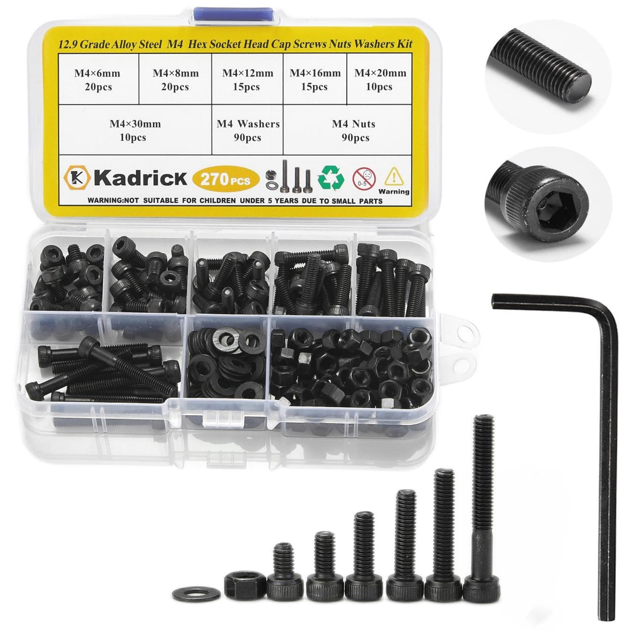 Kadrick 270 Pcs M4 Screw Assortment, Metric Hex Socket Head Cap Bolts, M4*6mm/8mm/12mm/16mm/20mm/30mm Screws Nuts and Washers, 12.9 Grade Alloy Steel,Black Zinc Plated,Anti Rust Upgrade