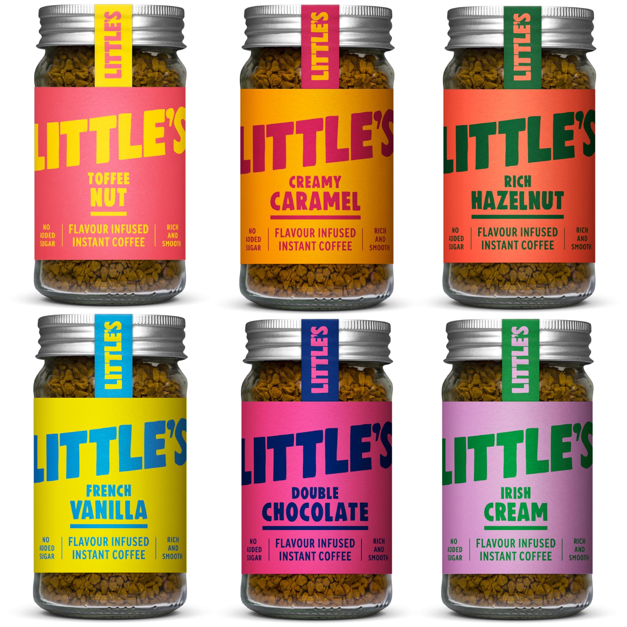 Little's Flavoured Instant Coffee Dragons Den Bundle, 6 Pack (50g x 6) - Flavours: Vanilla, Caramel, Rich Hazelnut, Toffee Nut, Double Chocolate, Irish Cream - Vegan Friendly, Low Calories