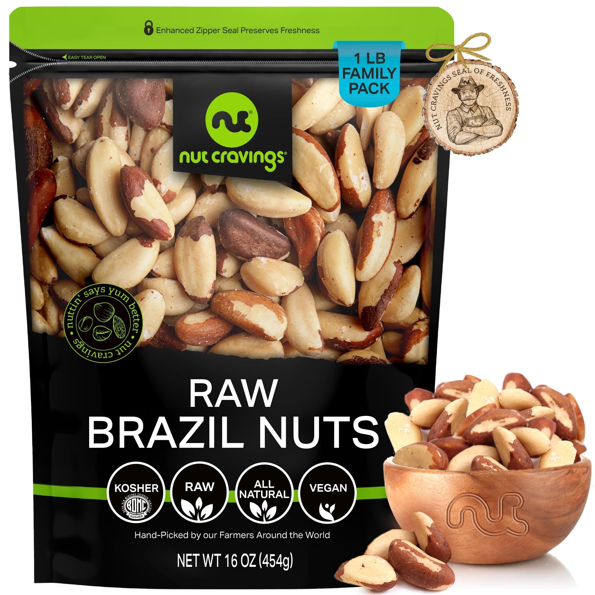 NUT CRAVINGS - Raw Brazil Nuts, Unsalted, No Shell, Whole, (16oz - 1 LB) Bulk Nuts Packed Fresh in Resealable Bag - Kosher Healthy Snack, Natural Keto Vegan