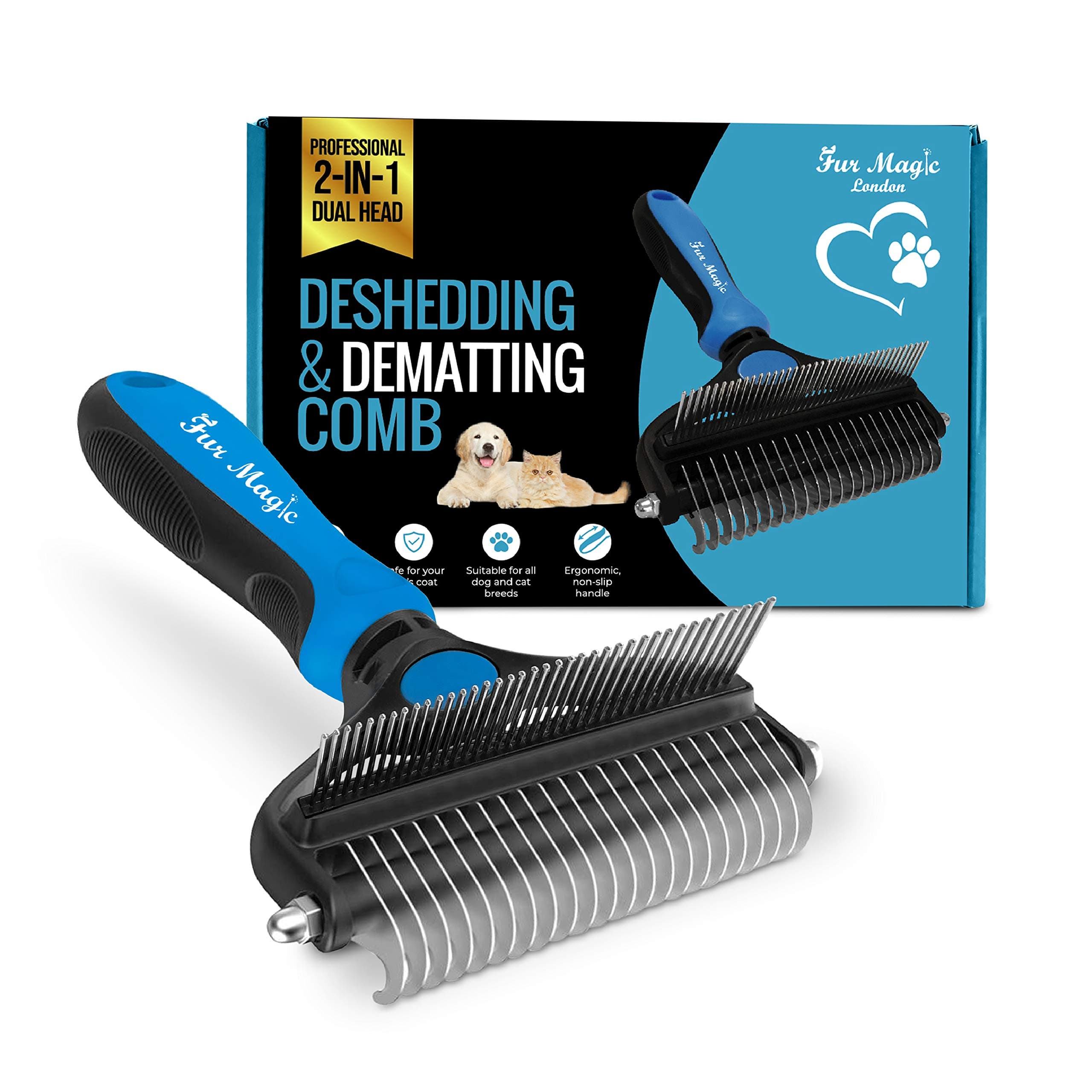Deshedding and Dematting Comb Double Sided Undercoat Rake Pet Grooming Brush Removing Mats, Knots & Tangles for Dogs and Cats with Long and Medium Hair, Blue