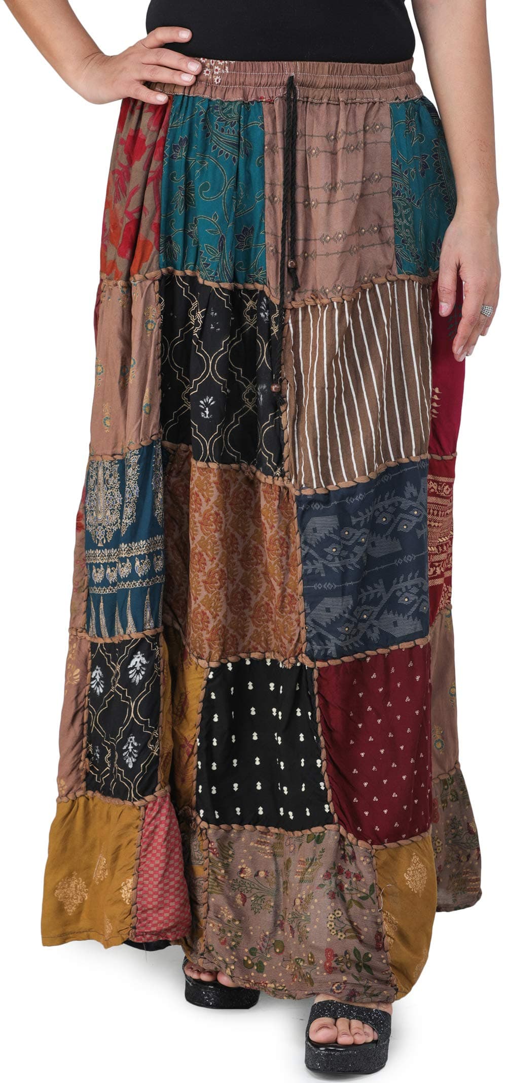 Long Printed Dori Skirt from Gujarat with Patch Work - Rayon