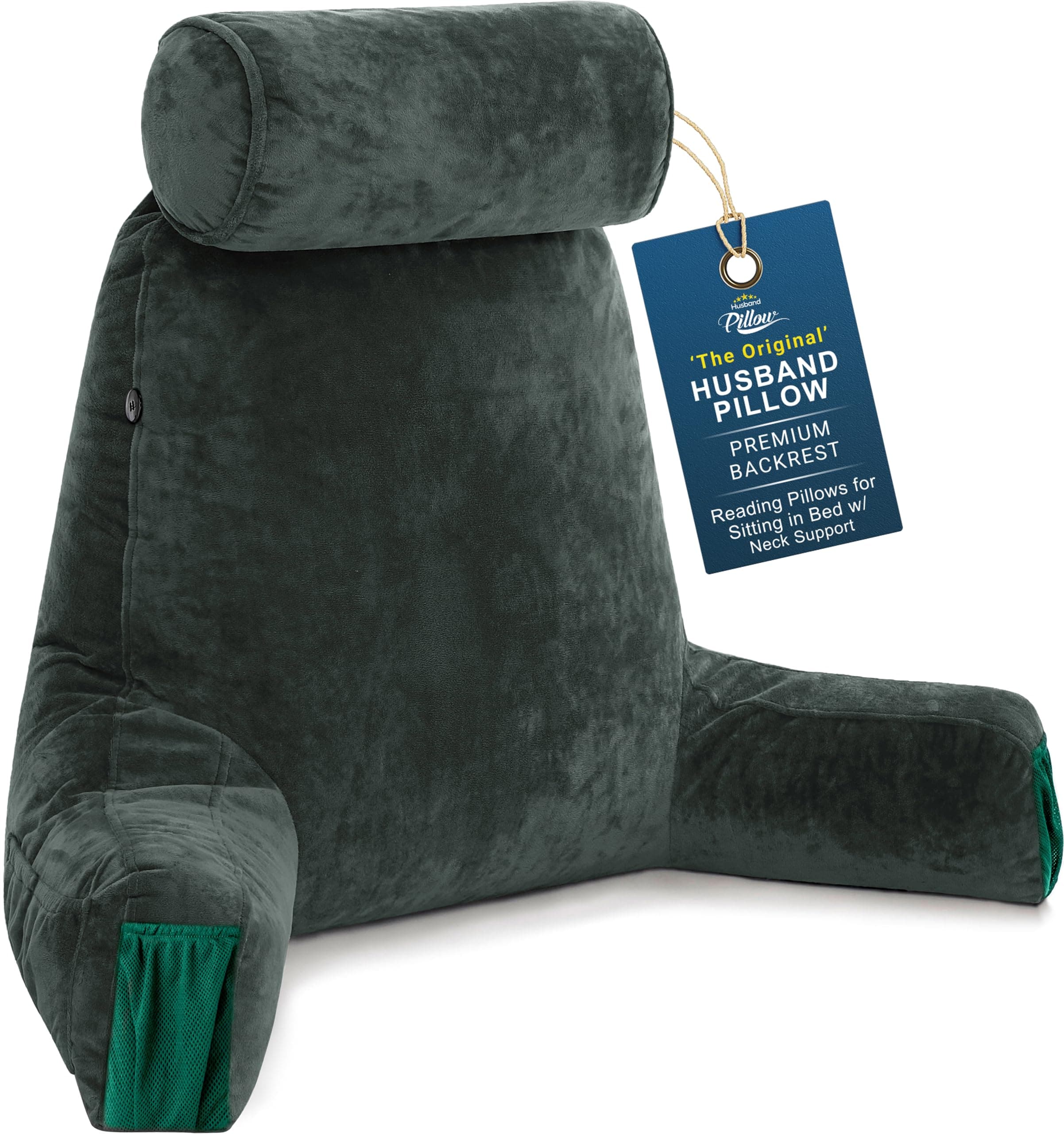 Husband Pillow Medium Reading Pillow with Arms - 23" Backrest for Sitting Up in Bed - Firm Support Bed Rest Pillow for Adults, Neck Roll, Removable Cover - TV, Reading, Lounging - Dark Green