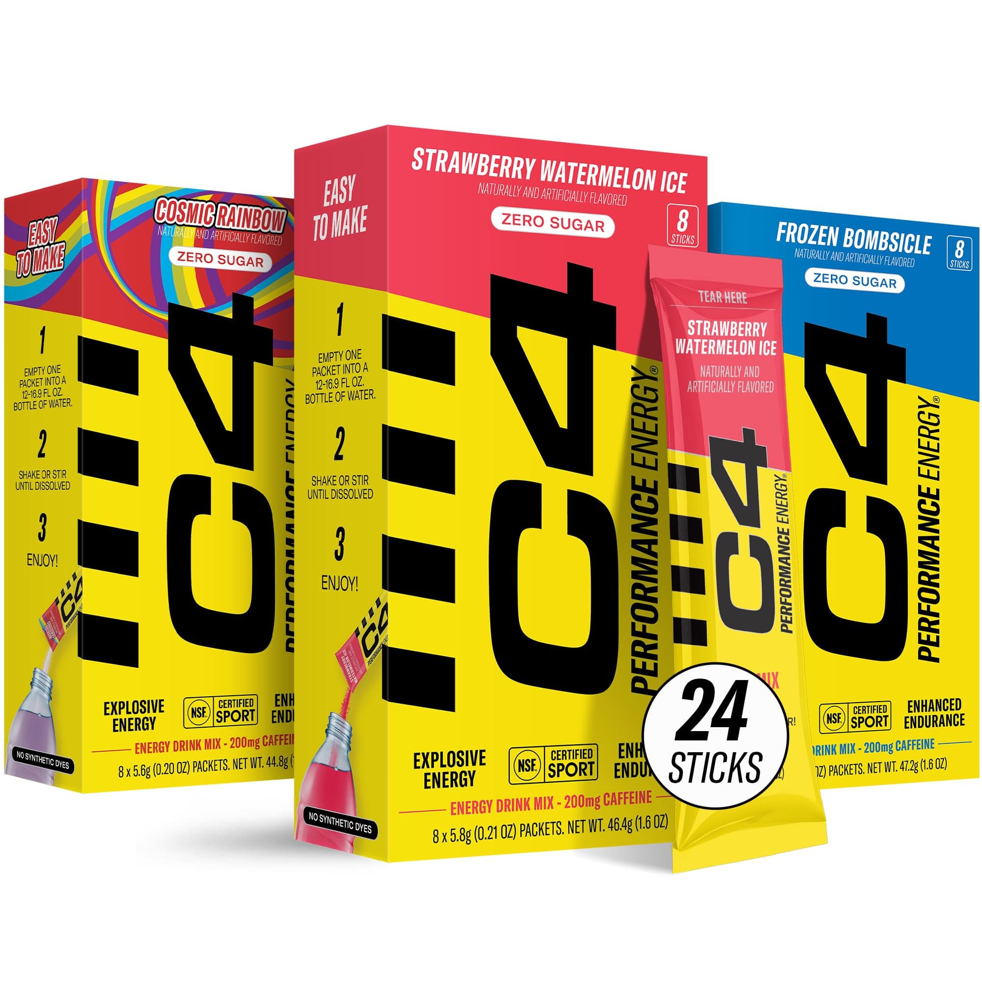 Juicy Mixes C4 Performance Energy, Variety Pack, 200mg Caffeine, Zero Sugar, NSF (3 Boxes, 24 Sticks)