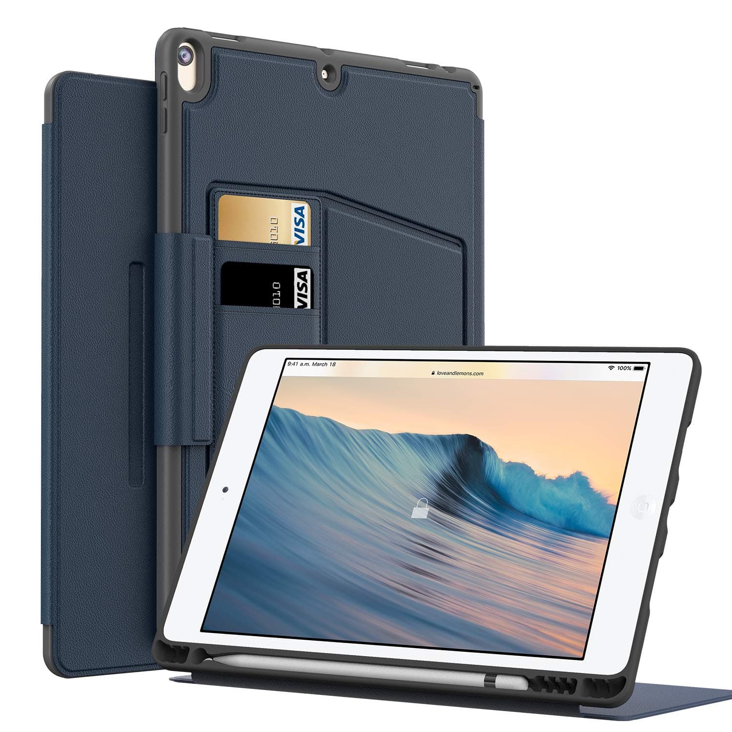 BeeFly iPad Air 10.5 Case, Protective Rugged Full Body Leather Shockproof with 8 Adjustable Magnetic Stand Pencil Holder Case for iPad 10.5 -Navy Blue