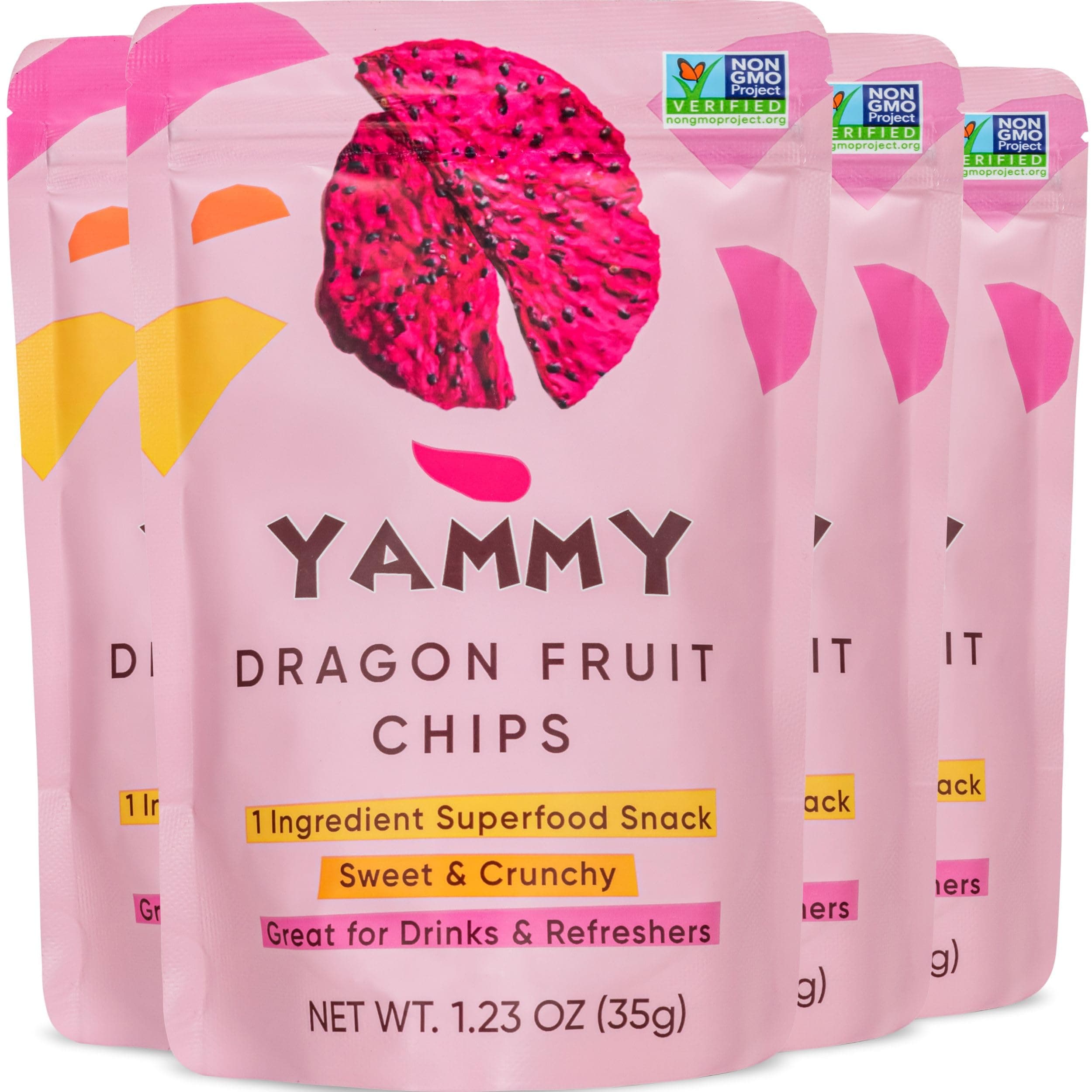 Yammy Dried Dragon Fruit Chips for Drinks Refreshers, Healthy 1 Ingredient Superfood Snack, Crunchy Like Freeze Dried Dragonfruit Chunks, Dehydrated Pitaya Pieces, Gluten Free Vegan (1.2oz Pack of 4)