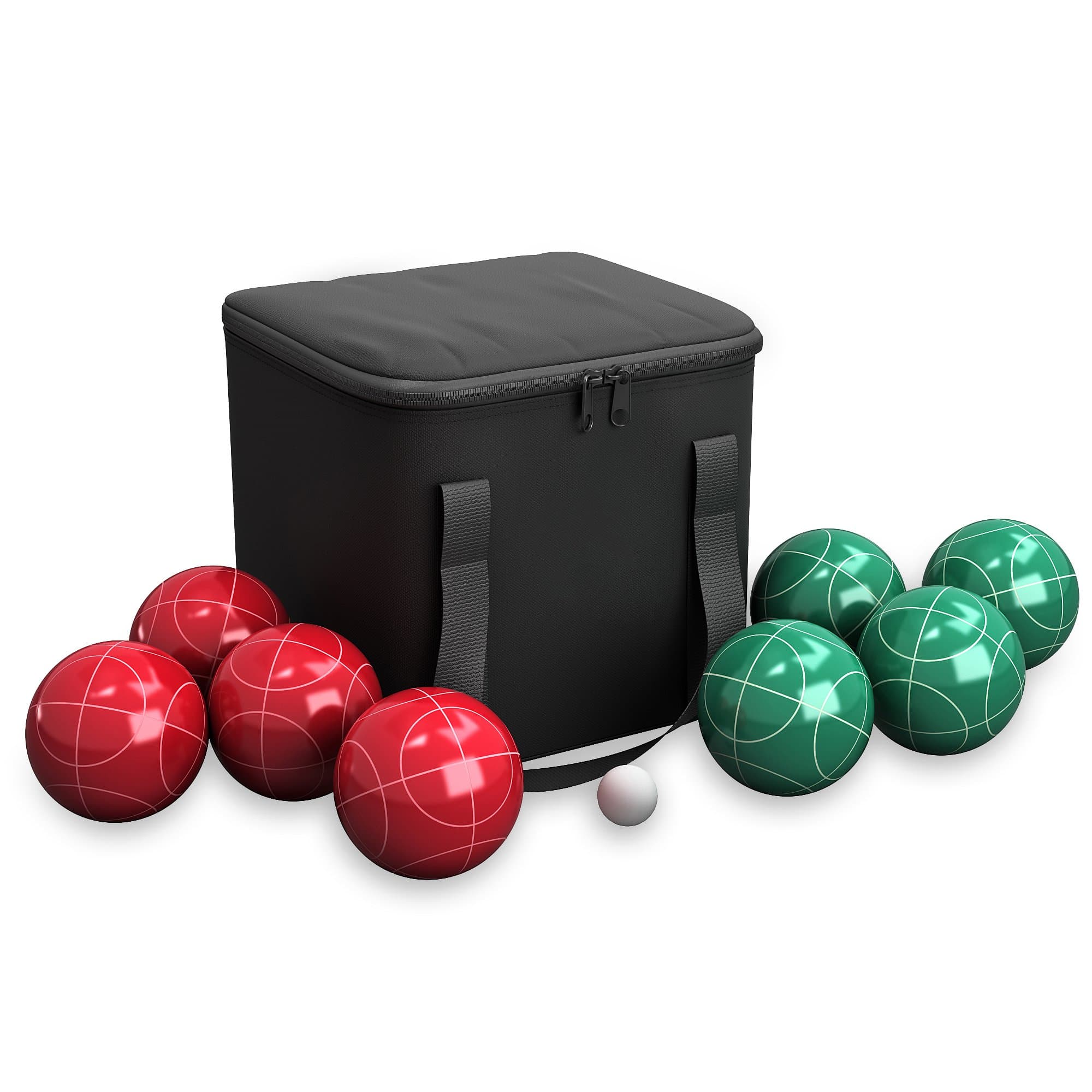 HEY! PLAY! Bocce Ball Set - Lawn Game for Backyard, Beach, or Wedding - Includes Red and Green Bocce Balls, Pallino, and Carrying Case by Trademark Games