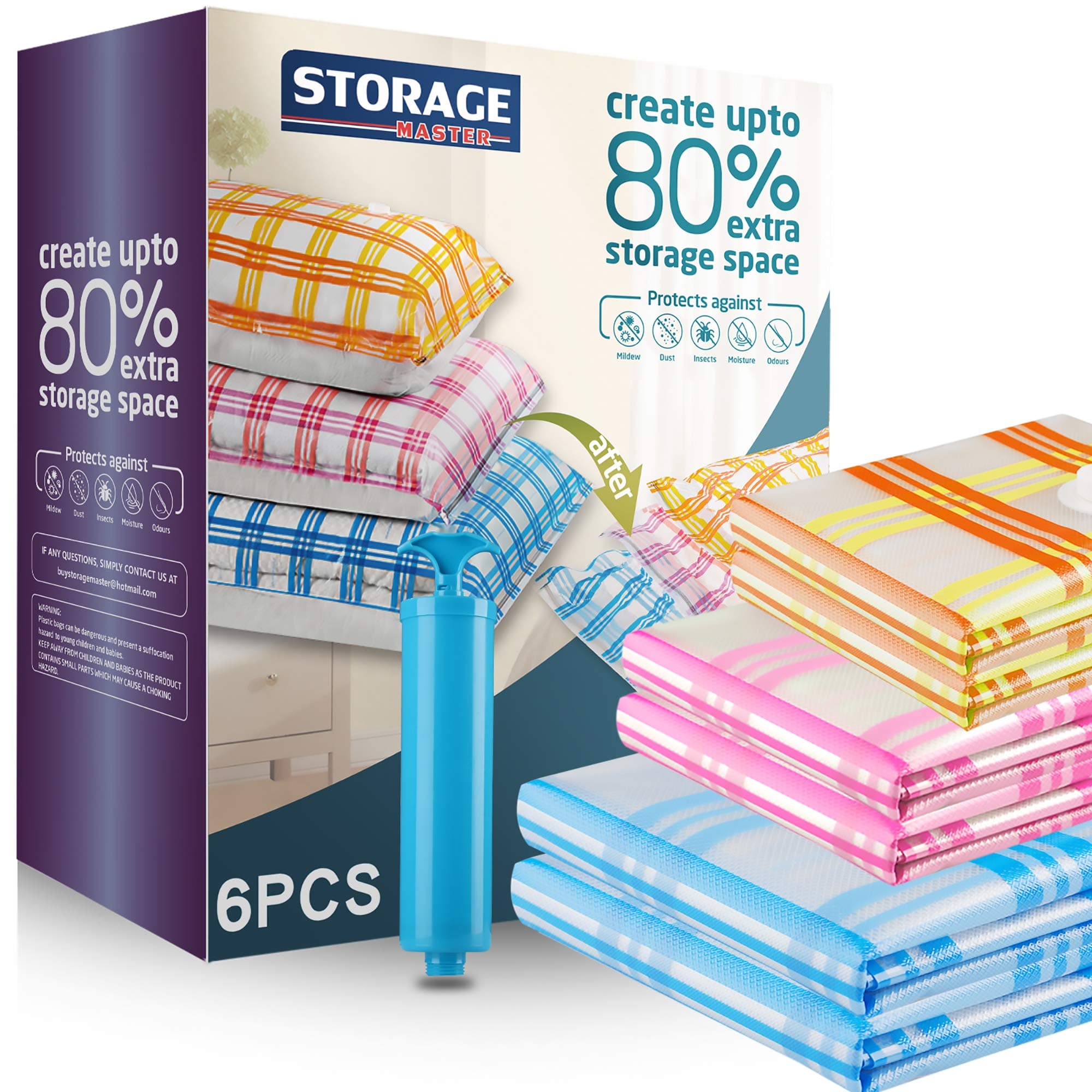 Storage Master Vacuum Storage Bags, 6 Pack (2 Jumbo, Large, Medium) Space Saver Bags Work with Vacuum Cleaner + Travel Hand Pump(6-Combo(2J+2L+2M))