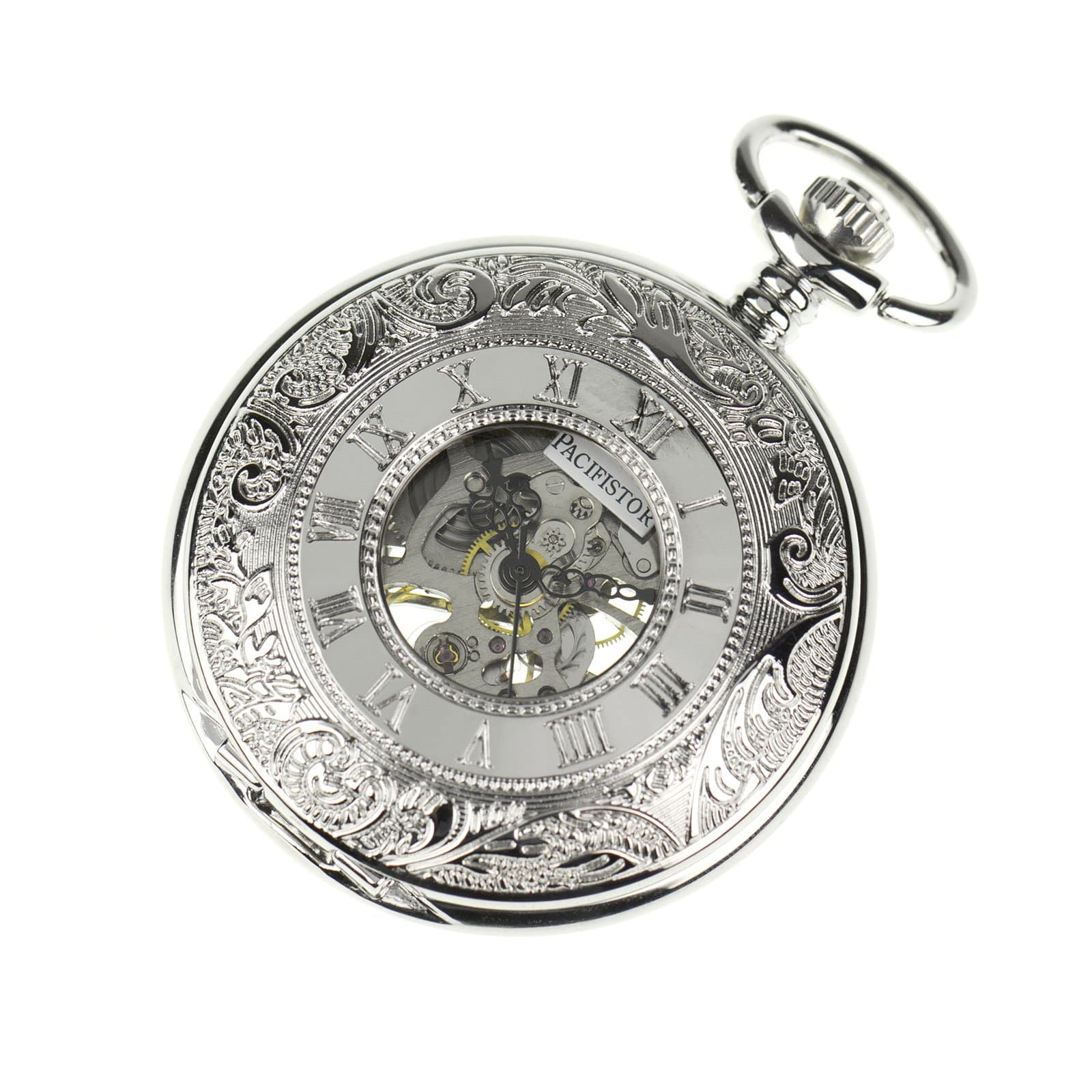 PACIFISTOR Steampunk Silver Hands Scale Mechanical Skeleton Pocket Watch Hand Wind