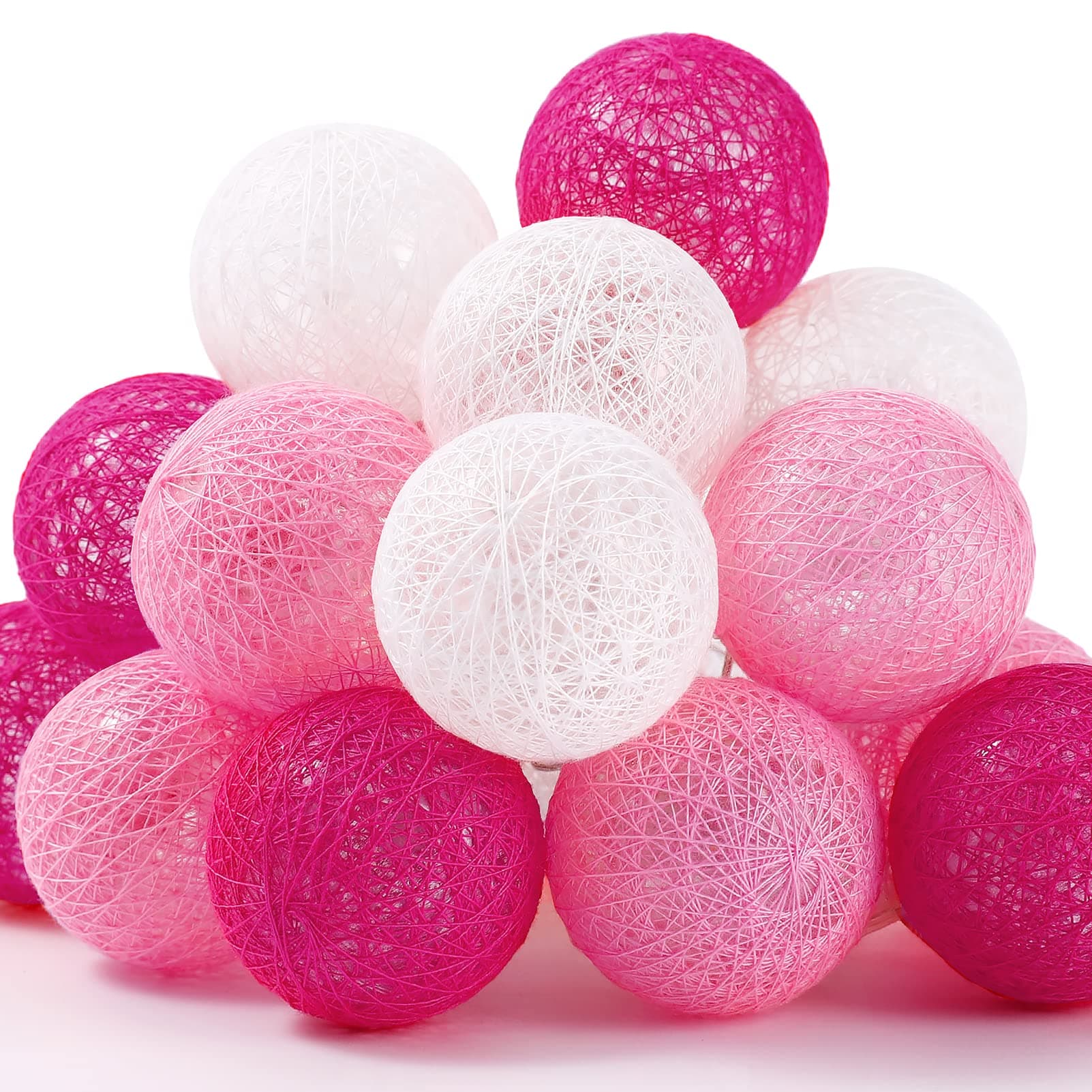 XIYUNTE Cotton Ball String Light Indoor Decor, 3m/10ft White/Pink Cotton Ball Lights, USB or Battery Powered Led Fairy Lights for Bedroom, Kids Room, Wedding, Party, Home Decor
