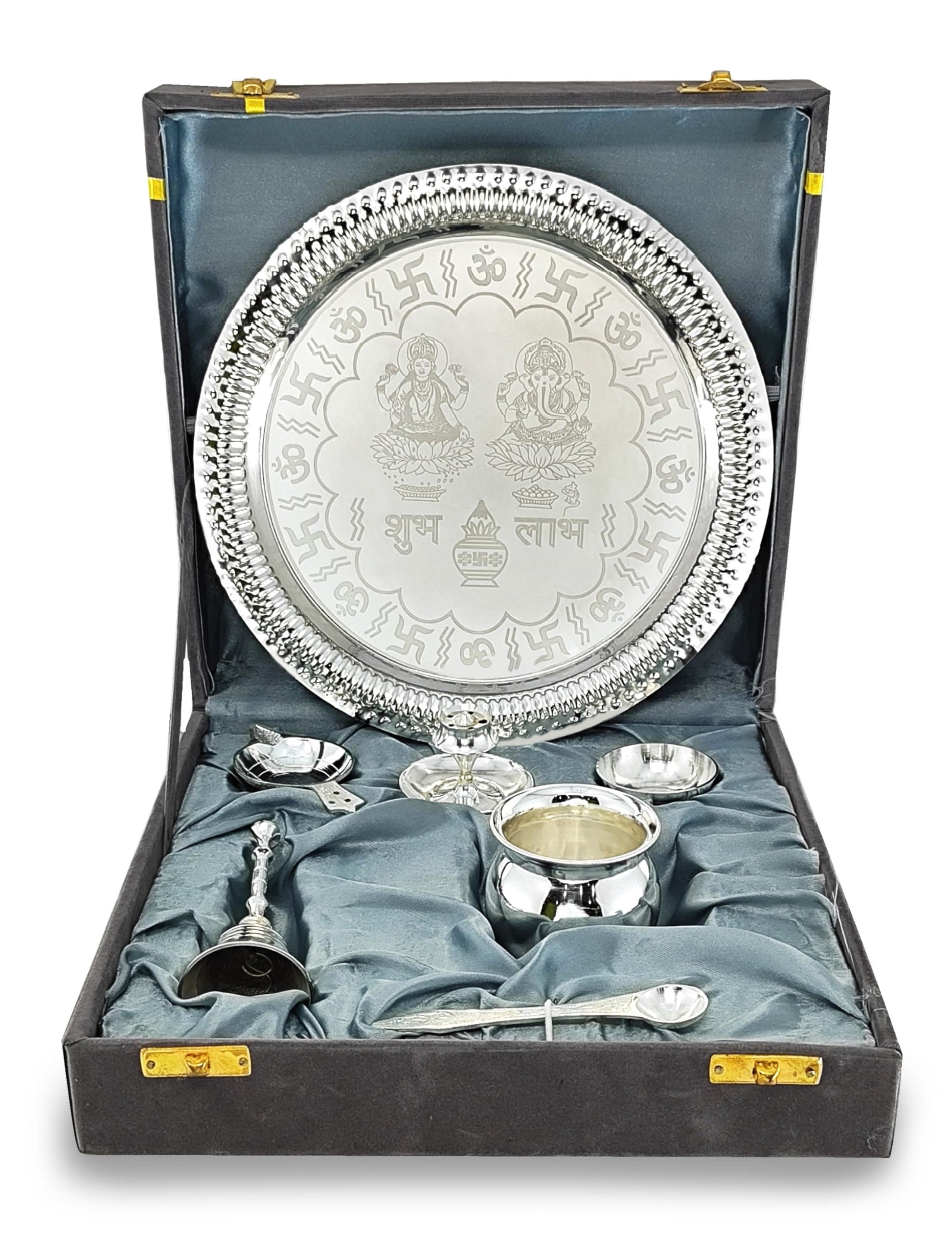 BENGALEN Silver Plated Pooja Thali Set 9 Inch with Accessories