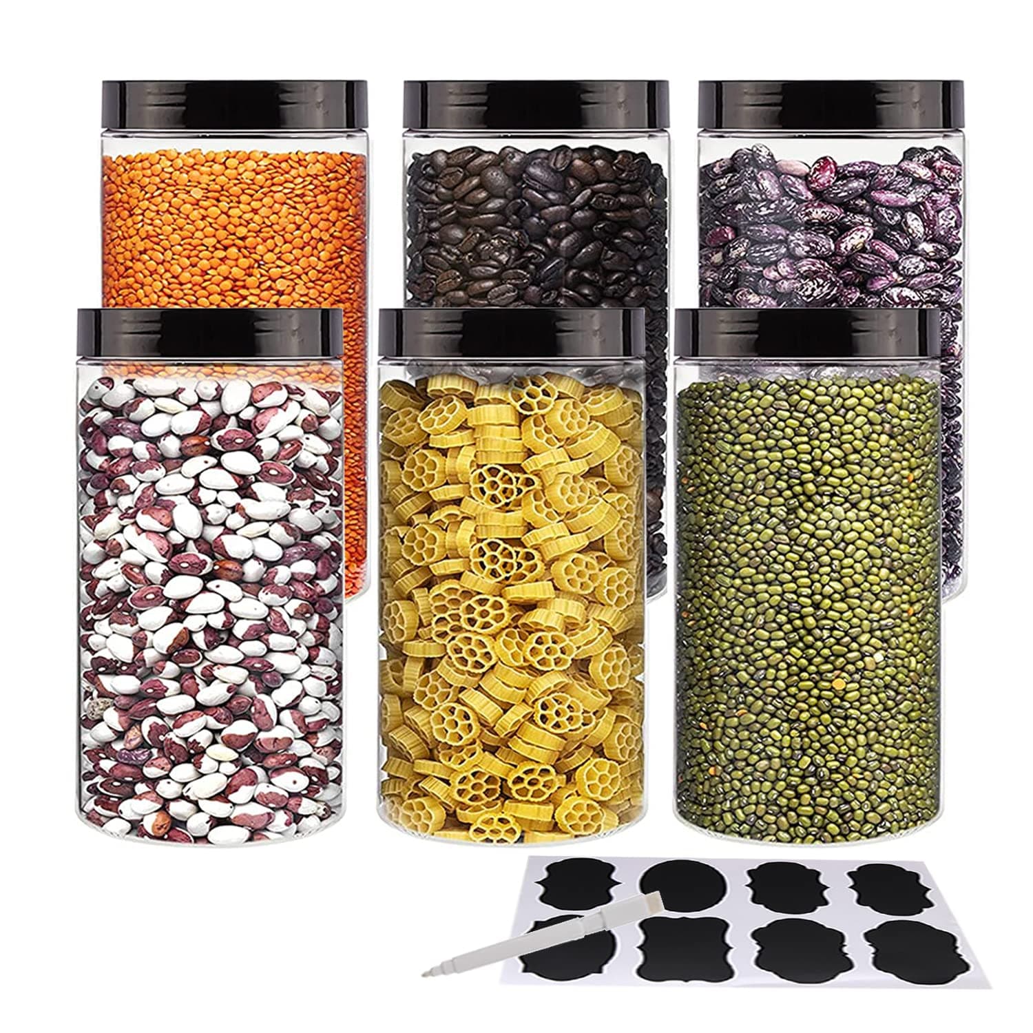 YBCPACK 6 Pack 1000ml Large Wide-Mouth Clear Plastic Storage Jars with Lids & Rewritable Chalk Labels - BPA Free, Food Safe PET Containers for Kitchen & Pantry Organisation