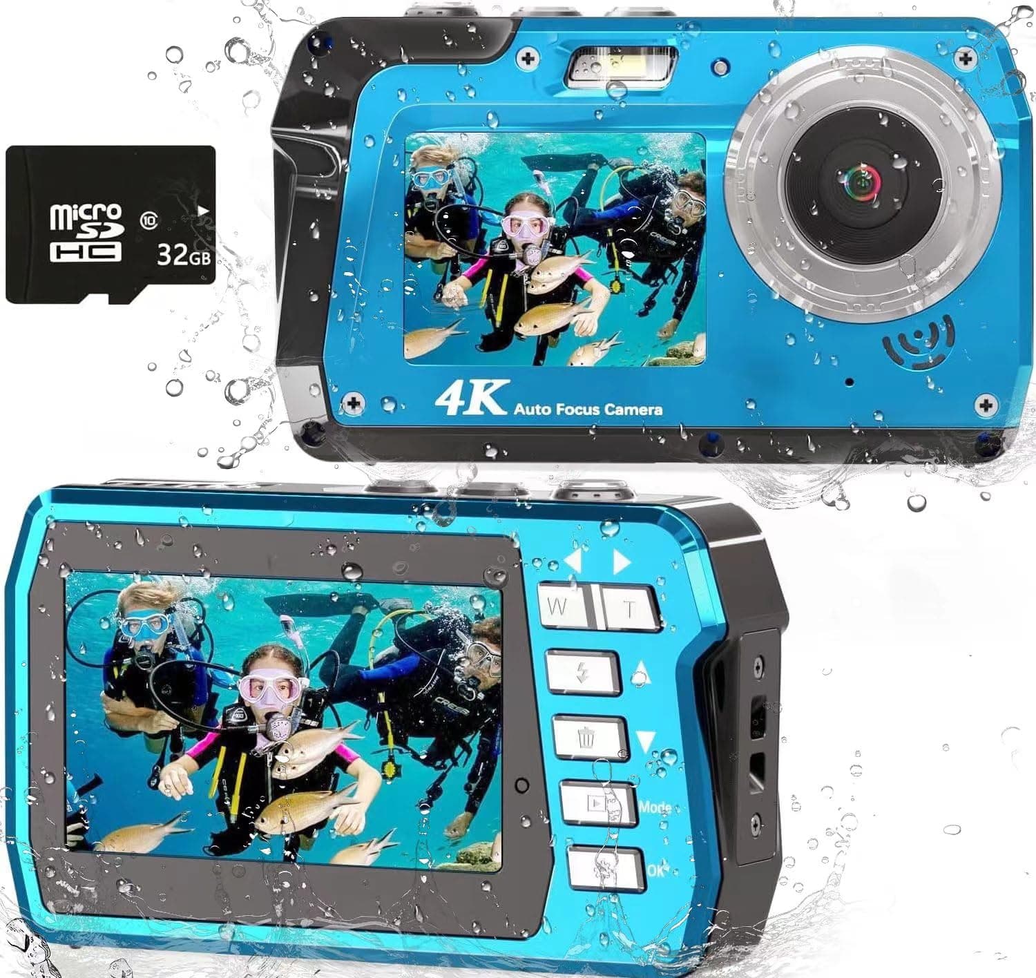 Waterproof Digital Camera, Underwater Camera with 32GB Card(Installed), 4K FHD 48MP Dual-Screen Selfie Under Water Camera for Photography, 10FT Waterproof Camera for Snorkeling, Surfing, Rafting