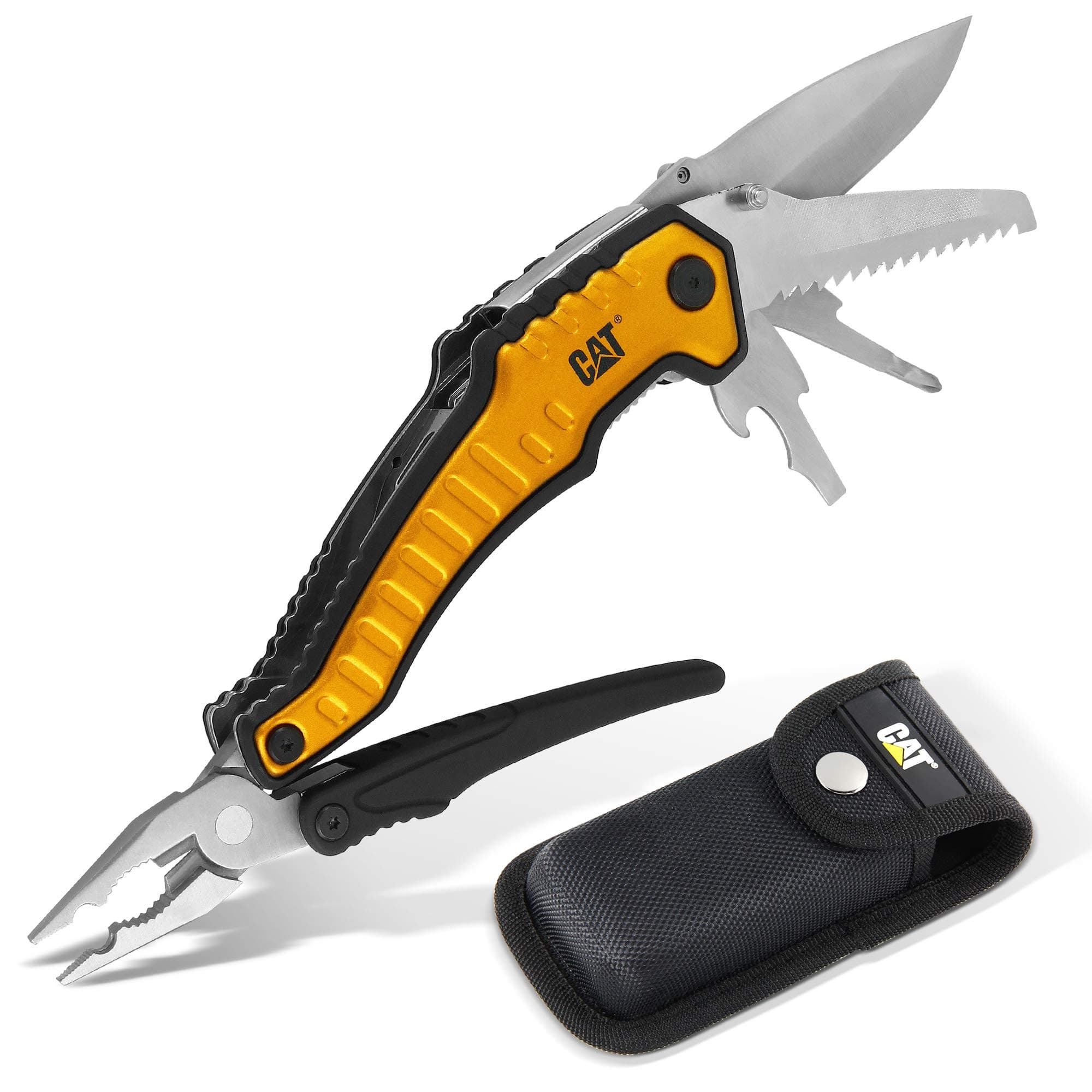 Caterpillar Multi Function Tool 9-in-1, X-Large, Long Nose Pliers, Wire Cutter, Knife, Bottle Opener, Screwdriver, Saw Blade, with Pouch - Yellow 980045
