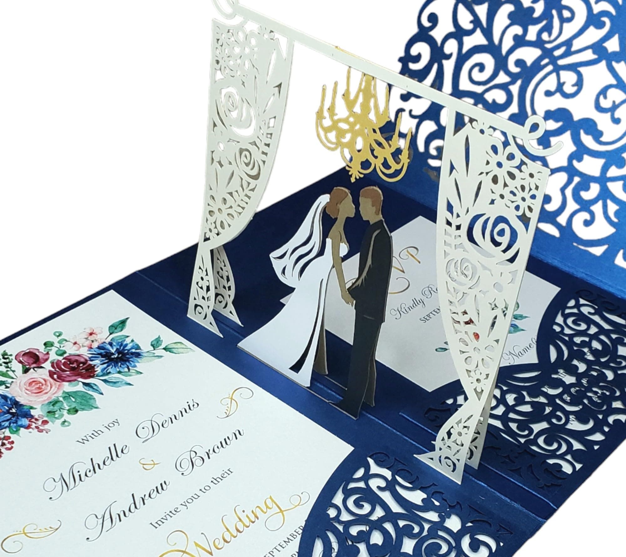 Wedding Invitations with Envelopes, Personalized wedding invitations with envelopes and rsvp options Available. Pop UP Wedding Invitation (Dark Skin Tone)