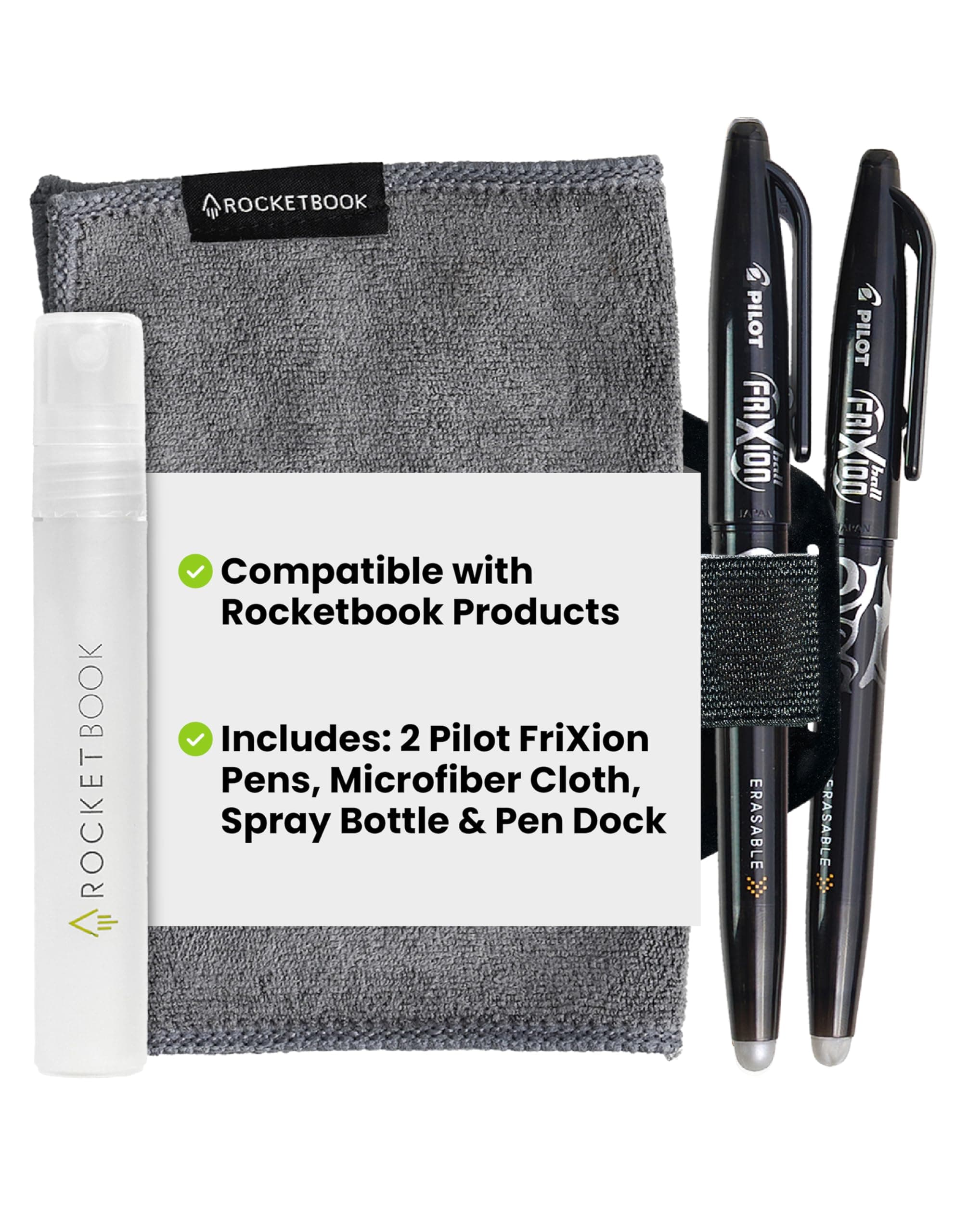 Rocketbook Smart Notebook Accessory Kit - 2 Black Capped FriXion Pens, 1 Spray Bottle, 1 Microfiber Cloth, and 1 Pen Station Scannable Notebook Accessories - Write, Scan, Erase, Reuse