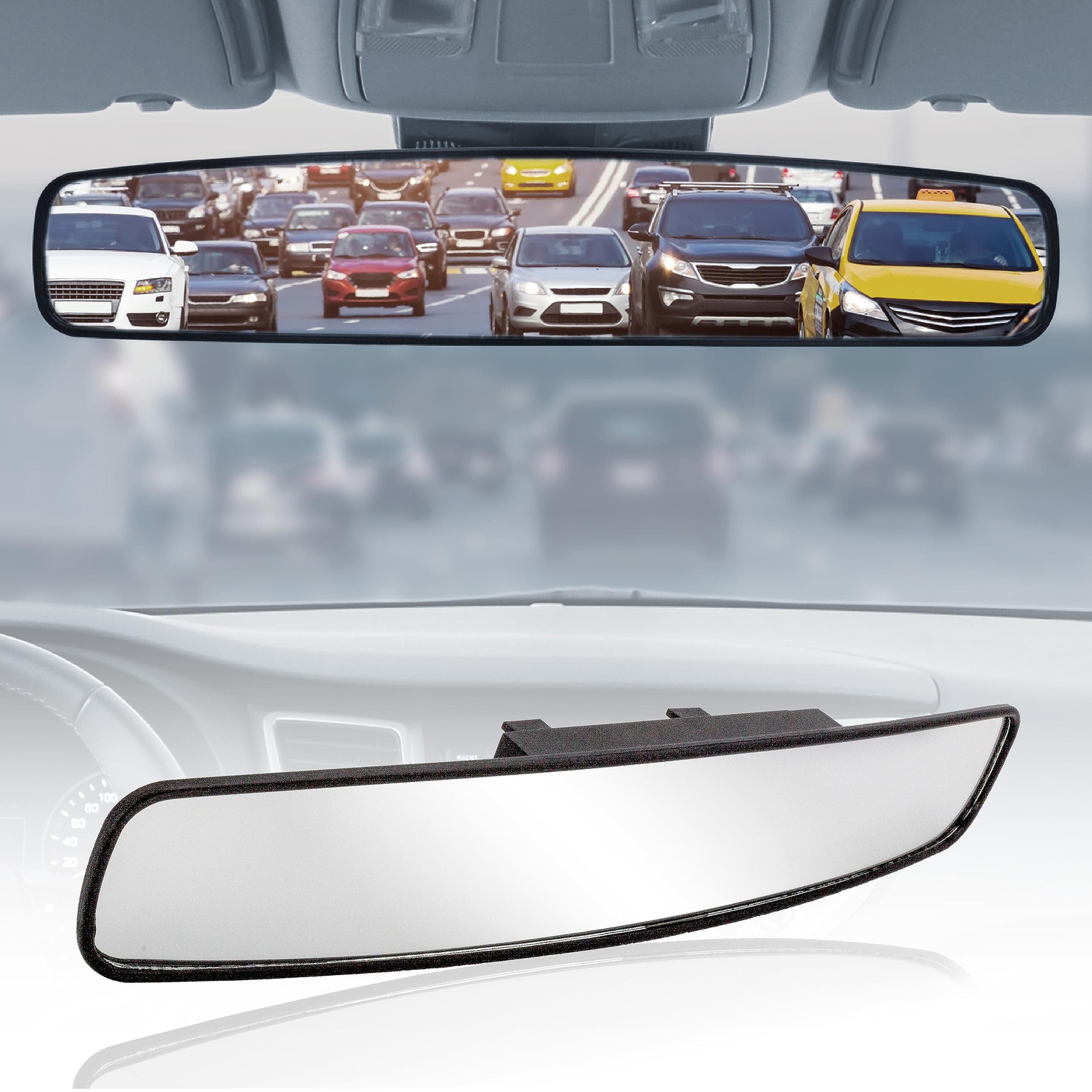Goodyear 17” Panoramic Rear View Mirror – Universal Wide Angle Rear View Mirror for Car/SUV/Truck – Anti-Glare, Clip-On Large Rearview Extender for Safer Driving & Parking