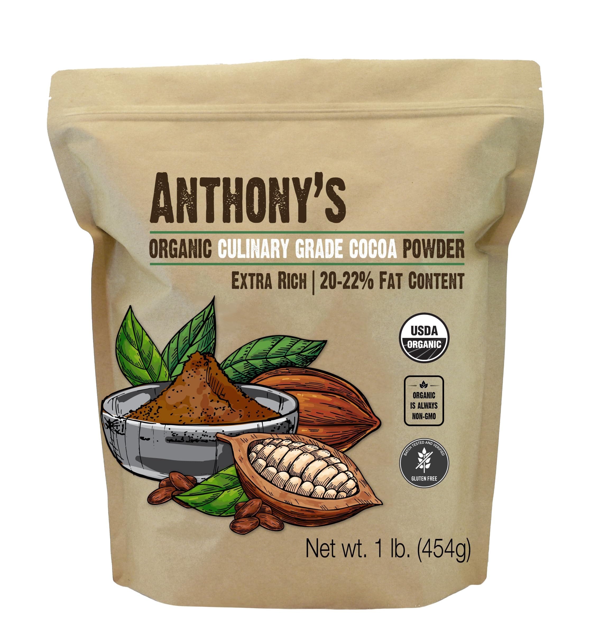 Anthony's Organic Culinary Grade Cocoa Powder, 1 lb, Dutch Processed Baking Cocoa, Gluten Free, Non GMO, Keto Friendly
