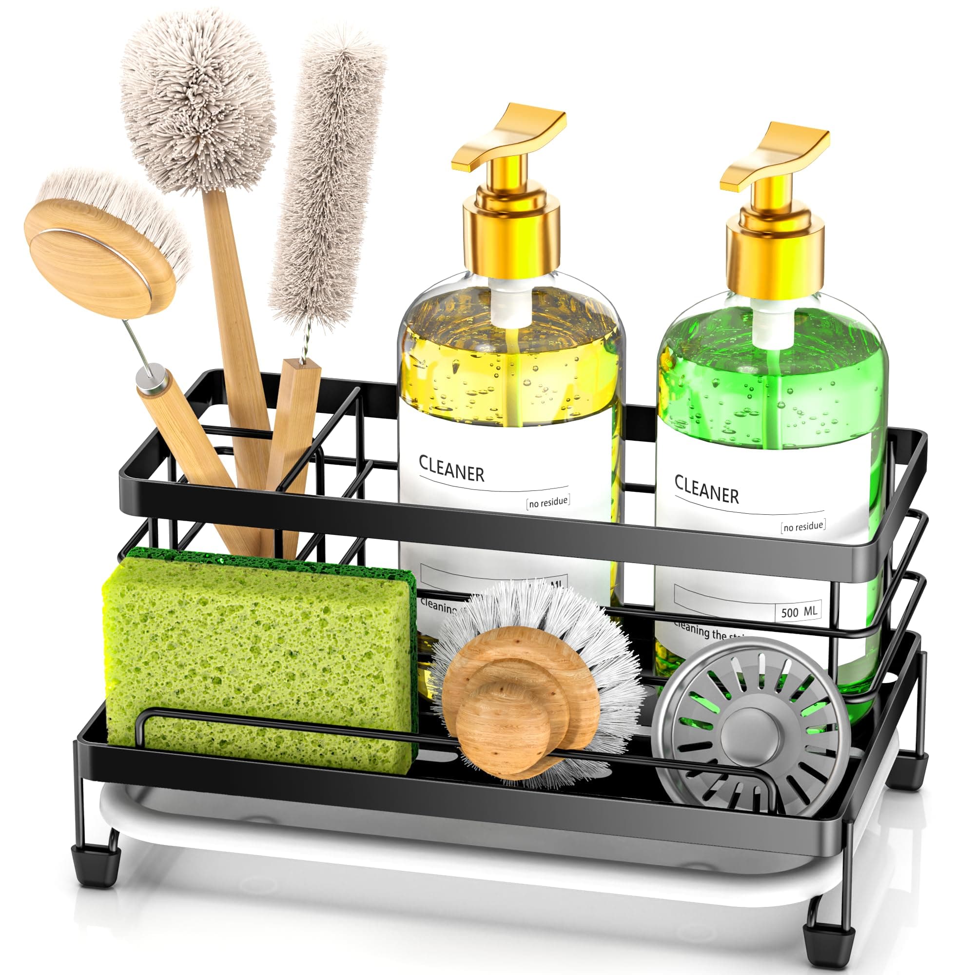 Sponge Holder for Kitchen, Sink Caddy Organizer, Kitchen Sink Accessories with Drip Tray, Rustproof and Non-slip Kitchen Sink Sponge Holder, Kitchen Essentials for New Home(Matte Black