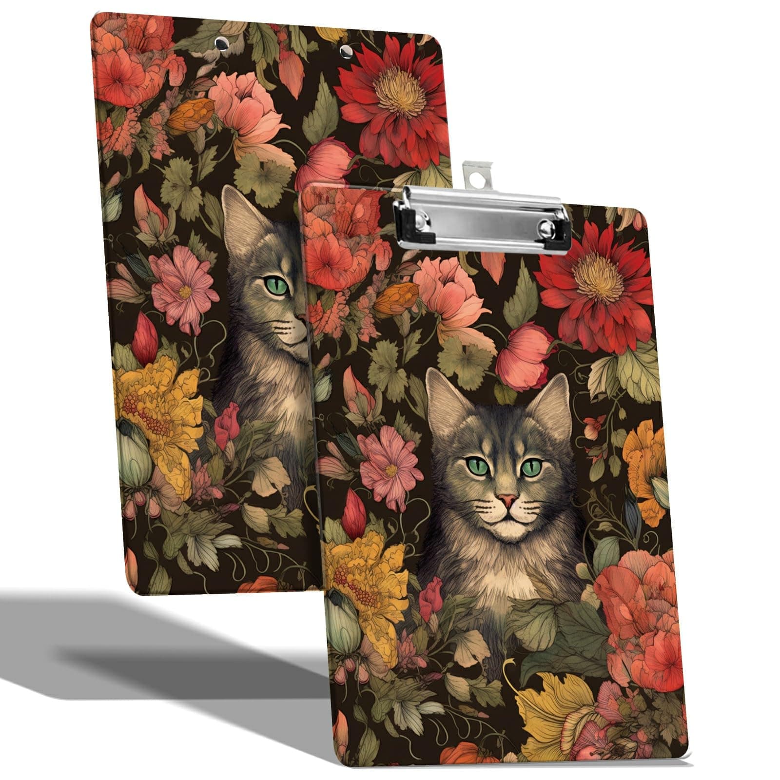 A4 Size Clipboard with Hanging Hook and Low Profile Clip, Plastic Nurse Clipboard Writing Drawing Board with Double-Side Cat and Flowers Print for Woman Kids Office School Use