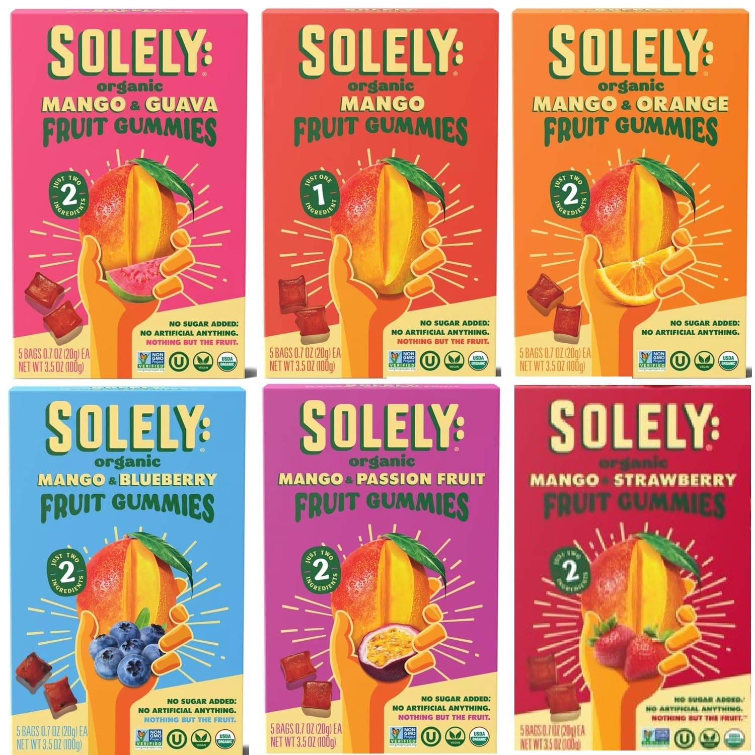 SOLELY Organic Fruit Gummies Variety Pack, 6 Packs, Mango, Orange, Guaba, Passion Fruit, Blueberry, Strawberry, LIVEBEAR Assortment