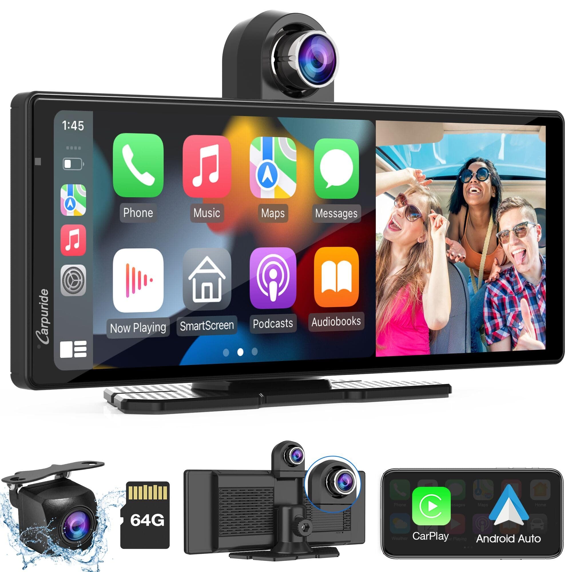 Carpuride W903 Wireless Carplay & Android Auto with Dash Cam - 9.3" HD IPS Touch Car Play Screen for Car, 4K Front & 1080P Rear Camera, Loop Recording, Bluetooth Audio, Mirror Link, GPS, Siri