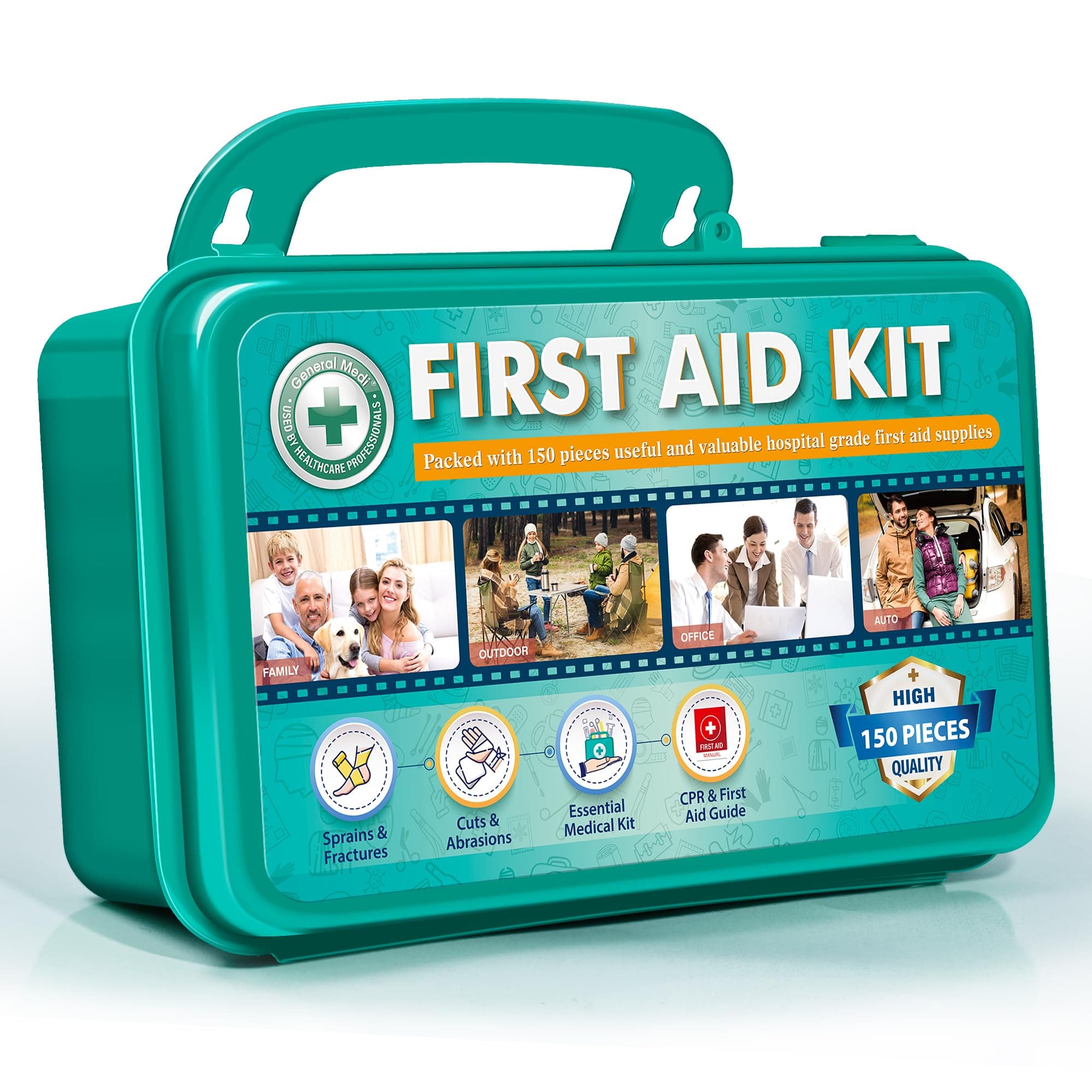 150 Pieces Hardcase First Aid Kit - First Aid Box Contains Premium Medical Supplies for Travel, Home, Office, Vehicle, Camping, Workplace & Outdoor