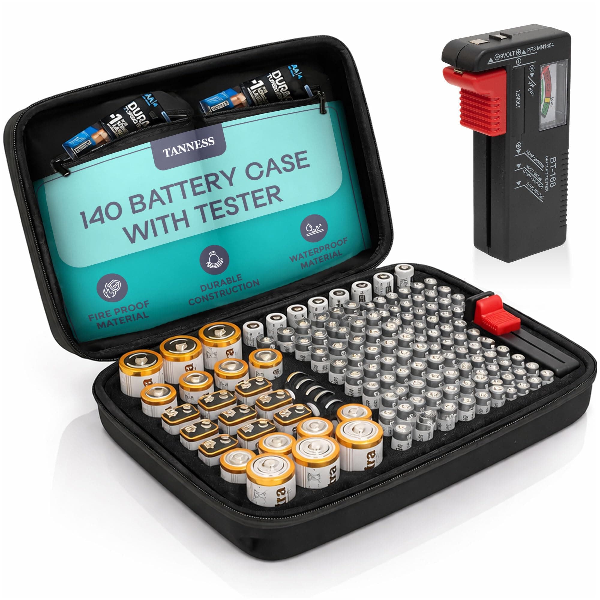 140 Battery Case with Battery Tester | Organiser Storage Case Bag - Large Capacity for AAA Batteries, AA Batteries, 9V Battery Flat, C and D Size Battery (Batteries Not Included)