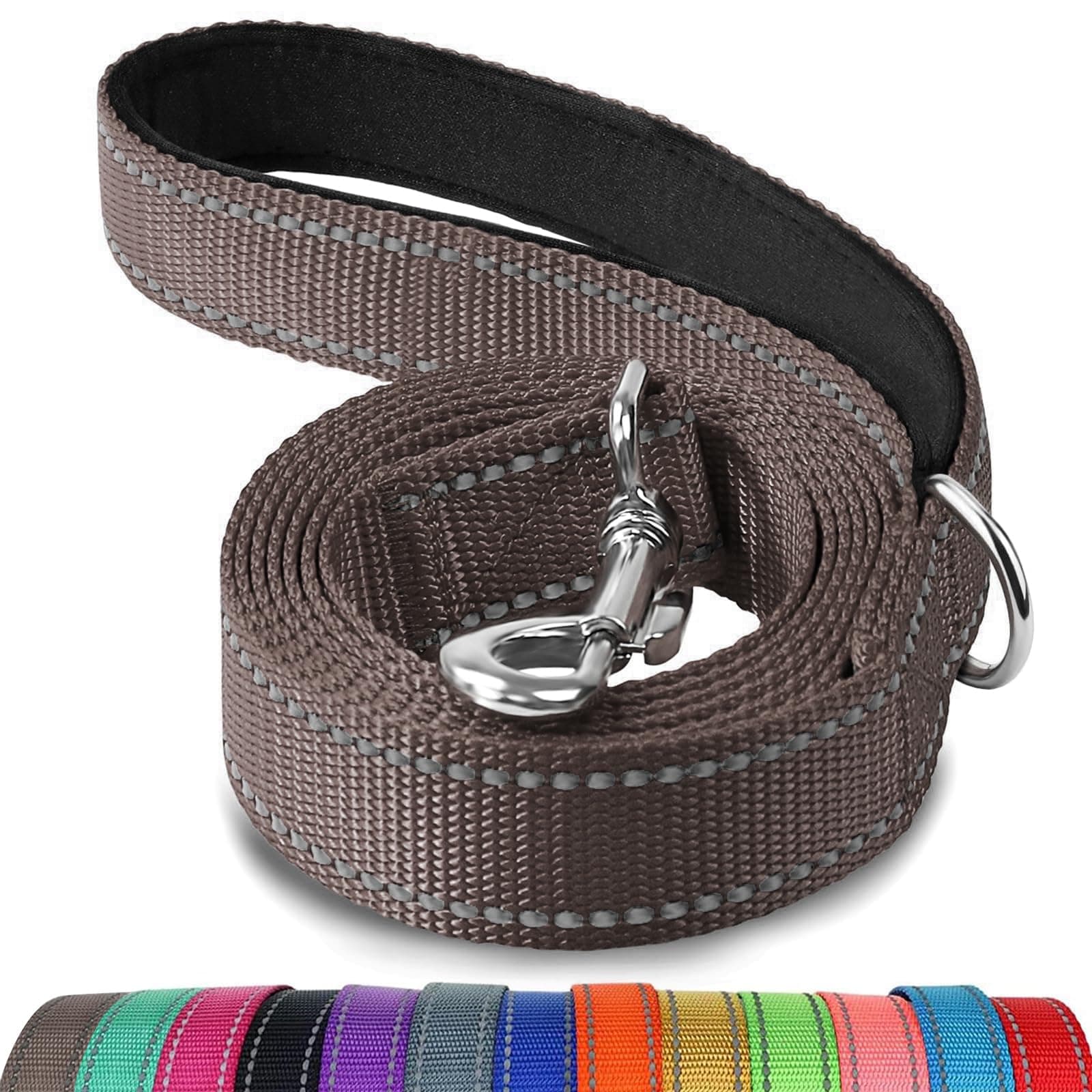 Double-Sided Reflective Dog Leash, 6 FT/5 FT/4 FT, Padded Handle Nylon Heavy Duty Leashes for Medium & Large Dogs Walking, Brown, 6FT