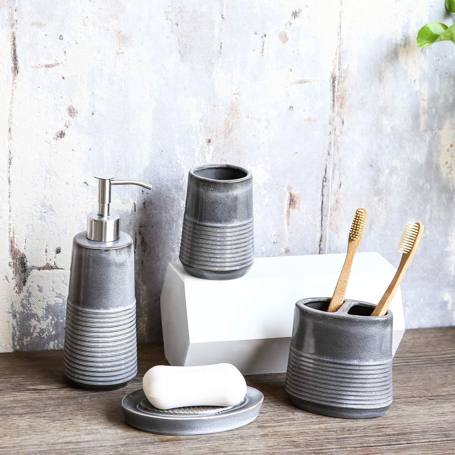 Tenforie Bathroom Accessories Set, 4pcs Ceramic Bath Accessory Completes with Soap Dispenser, Toothbrush Holder, Tumbler, Soap Dish, Ideas Home Gift for Ware Home Decor Bath (b - Grey)