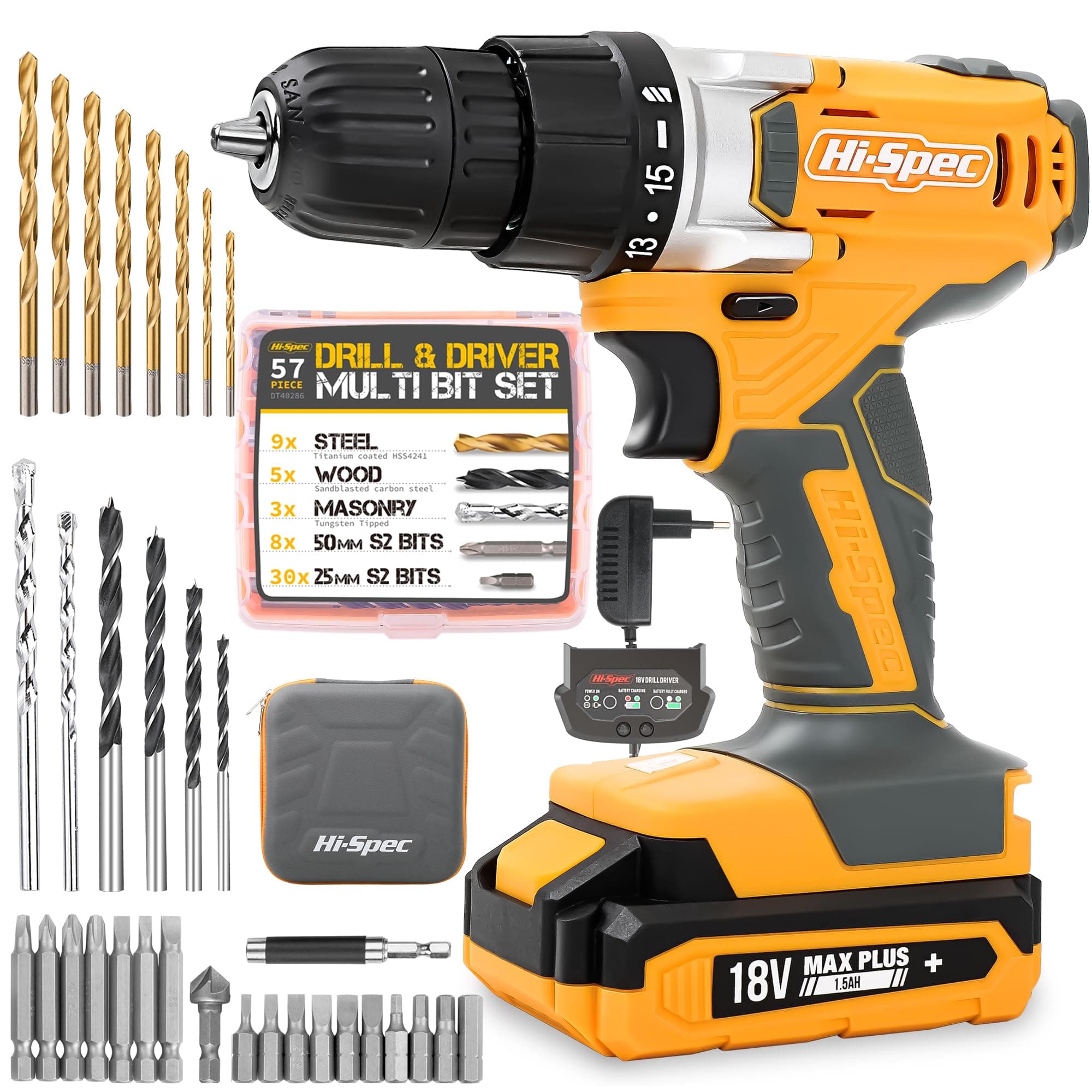 18 V Pro Combo Cordless Drill Driver with 1000 mAh Ni-MH Battery, 17 Position Keyless Clutch, Variable Speed Switch & 30 Piece Drill and Screwdriver Bit Accessory Set in Compact Storage Case