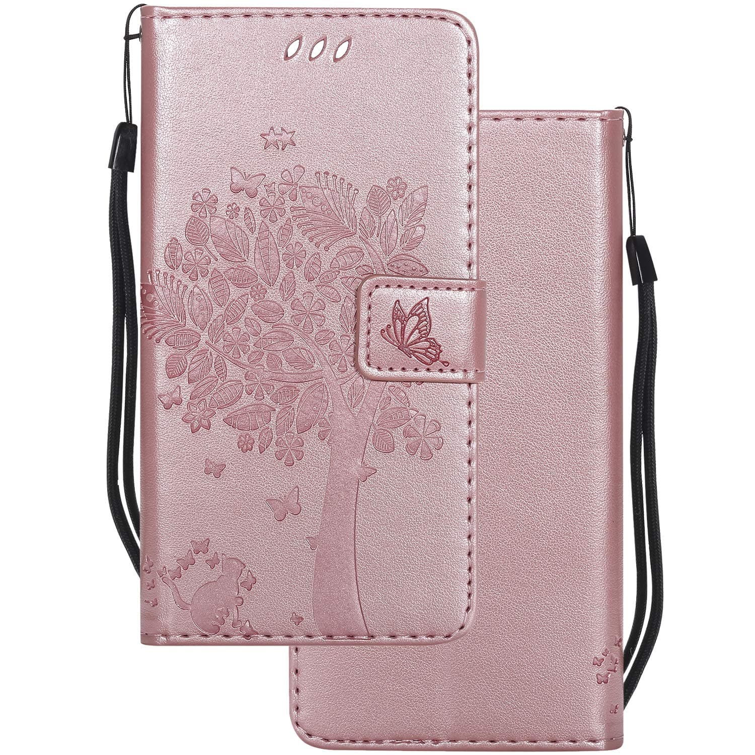 LEMORRY for Samsung Galaxy S8+ / S8 Plus Case Leather Flip Cover Wallet Pouch Soft TPU Slim Fit Bumper Stand Protective Magnetic Strap with Card Slot, Lucky Tree Rose