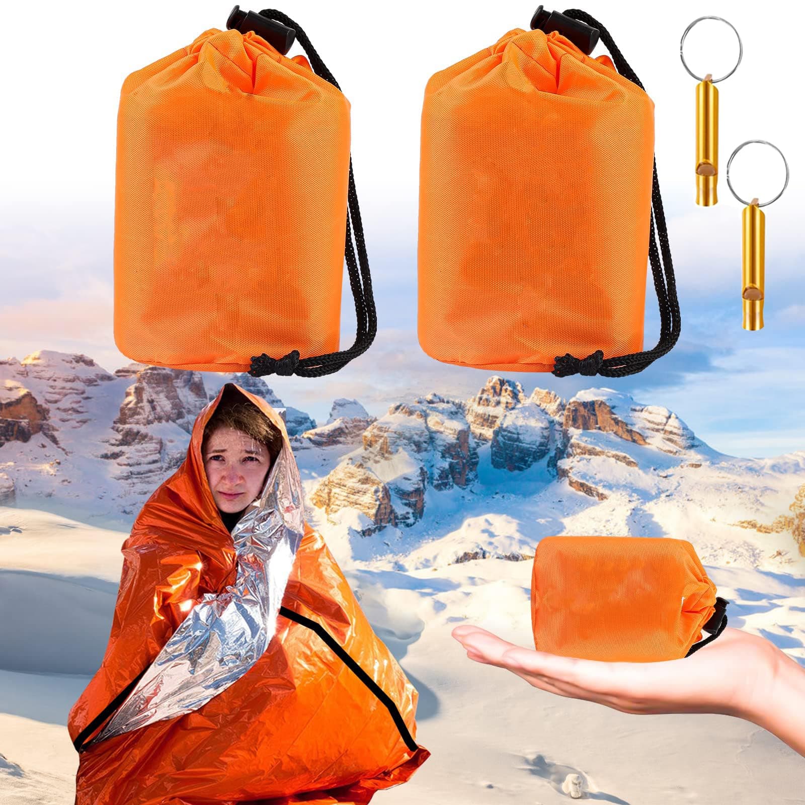 Survival Sleeping Bag, 2Pack Emergency Sleeping Bag Bivvy Bag, Reusable Portable Emergency Rescue Blanket Lightweight Waterproof Thermal bivvy Sack with 2 whistle for Outdoor Hiking Camping