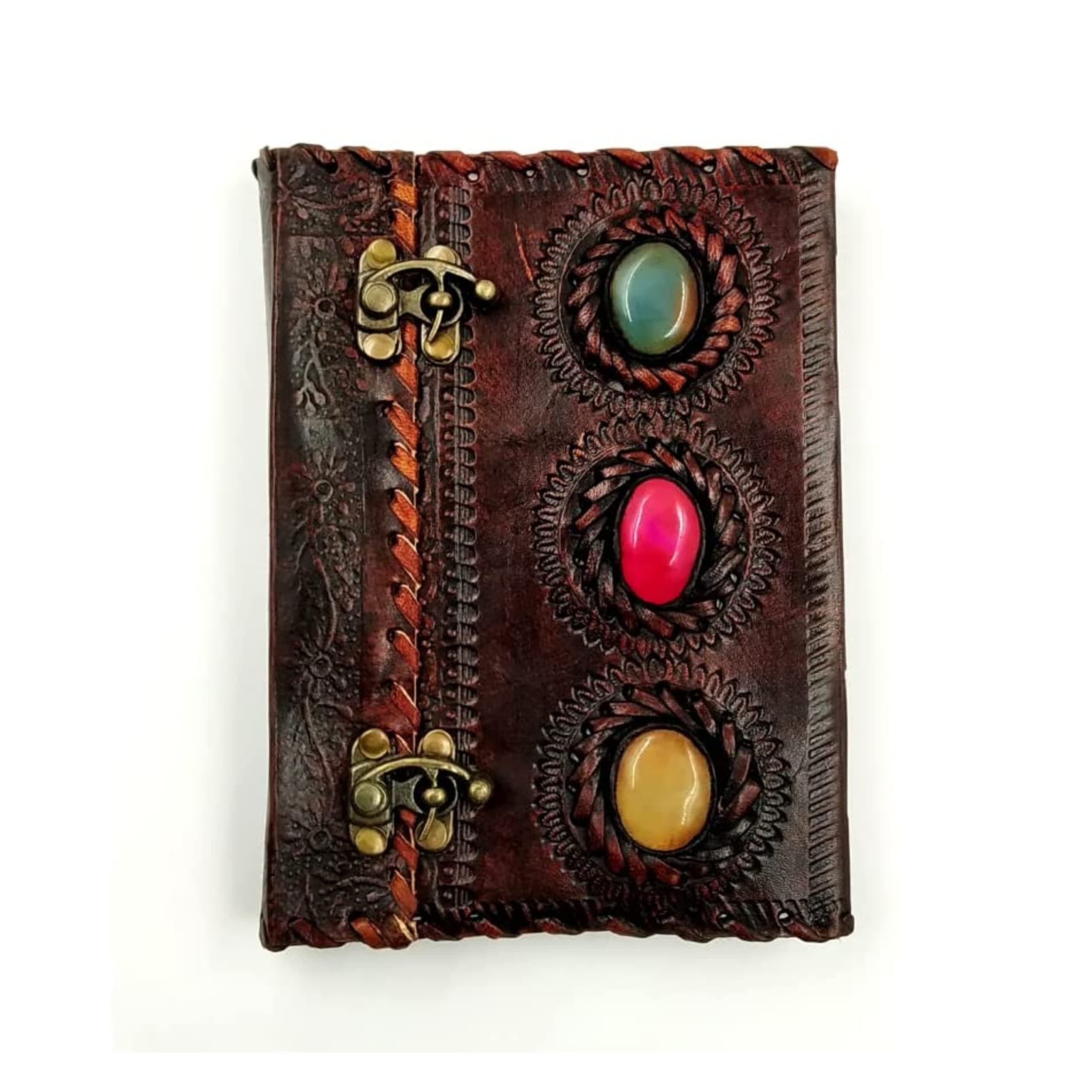 3 Stone Leather Journal With Double Brass C-Lock - Handmade Unlined Paper Leather Bound Journal | Sketchbook & Notebook - Drawing Journal - 5 x 7 inches | 12 x 17 cm | A6