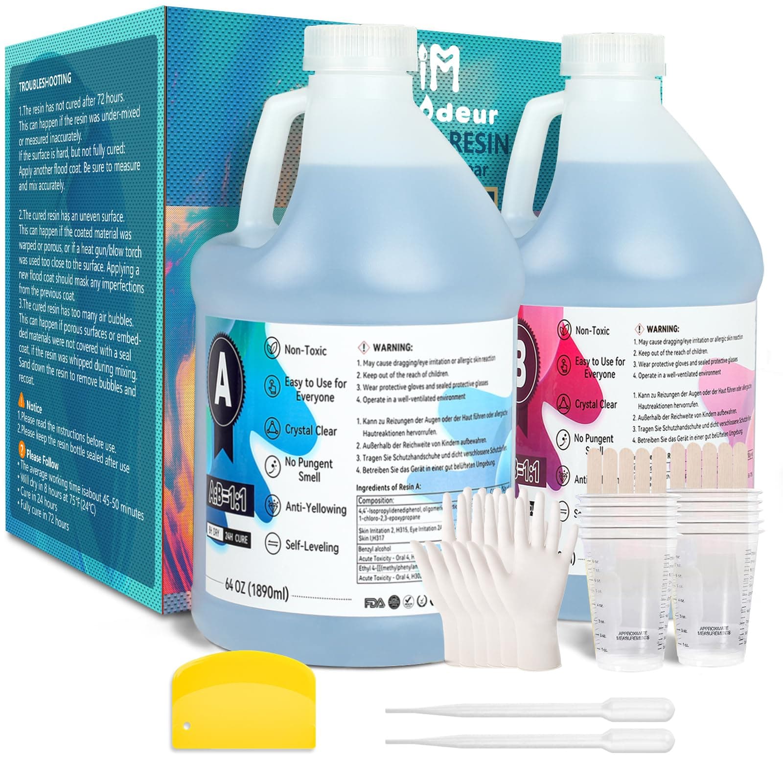 Epoxy Resin Kit - 128 oz/1 Gallon Self-Leveling Crystal Clear Epoxy Resin - No Yellowing No Bubble UV Resistant Art Resin Casting Resin for Art Crafts, Jewelry Making, Resin Molds (64oz x 2)