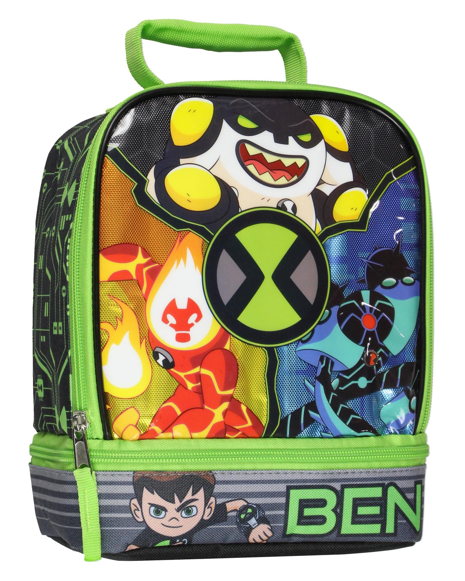 Bioworld Ben 10 Omnitrix Alien Force Insulated Dual Compartment Lunch Bag Tote For Hot And Cold Food, Drinks, And Snacks 10"