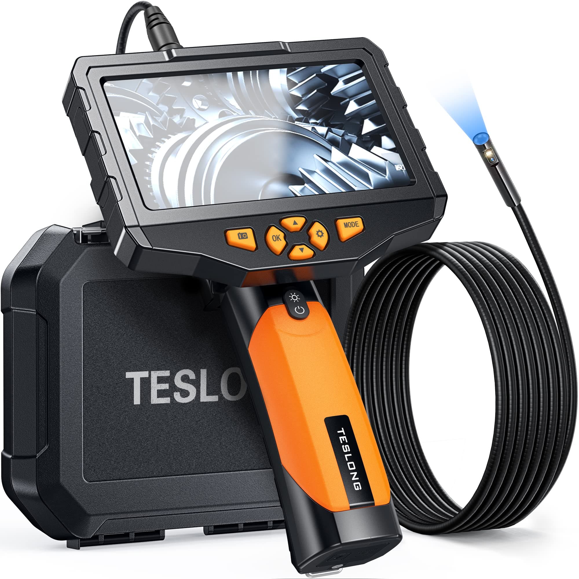 Teslong Inspection Camera, Dual Lens Borescope Camera with Light, NTS300 5" IPS Industrial Endoscope, 1080P Waterproof Flexible Mechanic Fiber Optic Snake Scope Cam for Wall Automotive Engine (10FT)