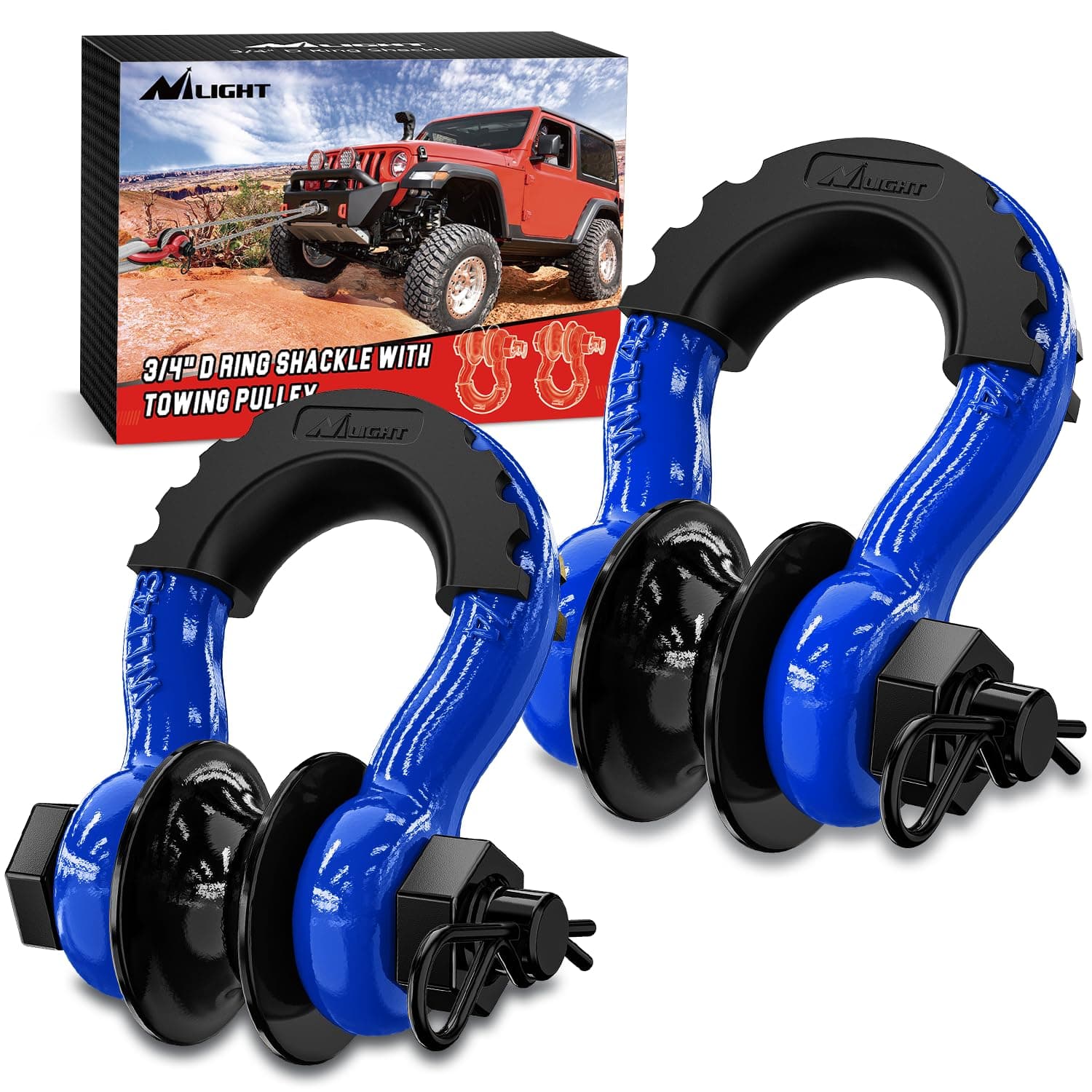Nilight 3/4" D-Ring Shackle w/Snatch Block (2 Pack) 9,500 lb Working Load, 2-in-1 Heavy‑Duty Towing Pulley w/Isolator for Off‑Road Recovery, Winch Cable & Rope, Truck Jeep ATV UTV Tractor, Blue