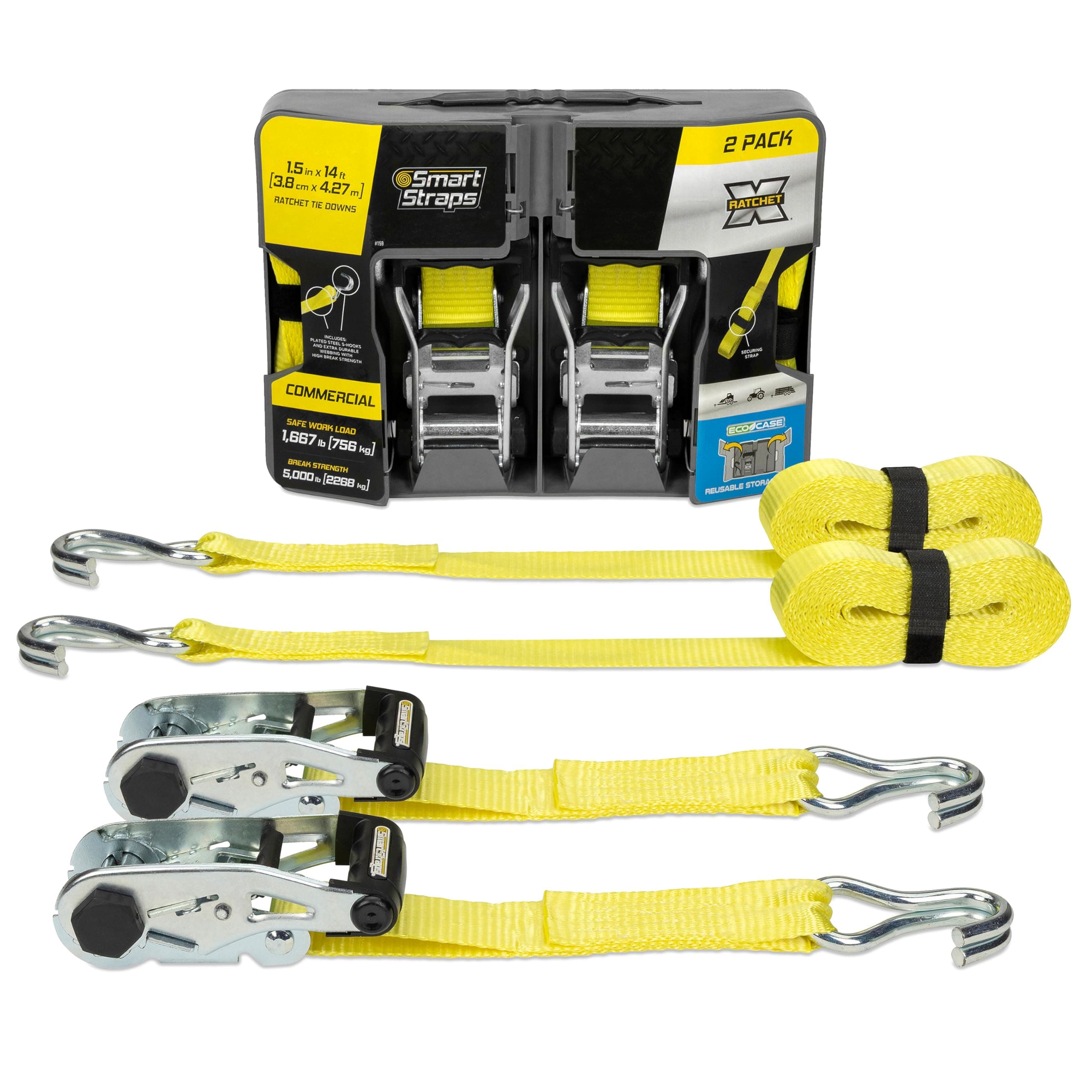SmartStraps 14’ Ratchet Straps, 2 Pack –5,000lbs Break Strength, 1,667lbs Safe Work Load –Commercial Tie Down Straps for Heavy Duty Cargo, Haul Equipment and Vehicles