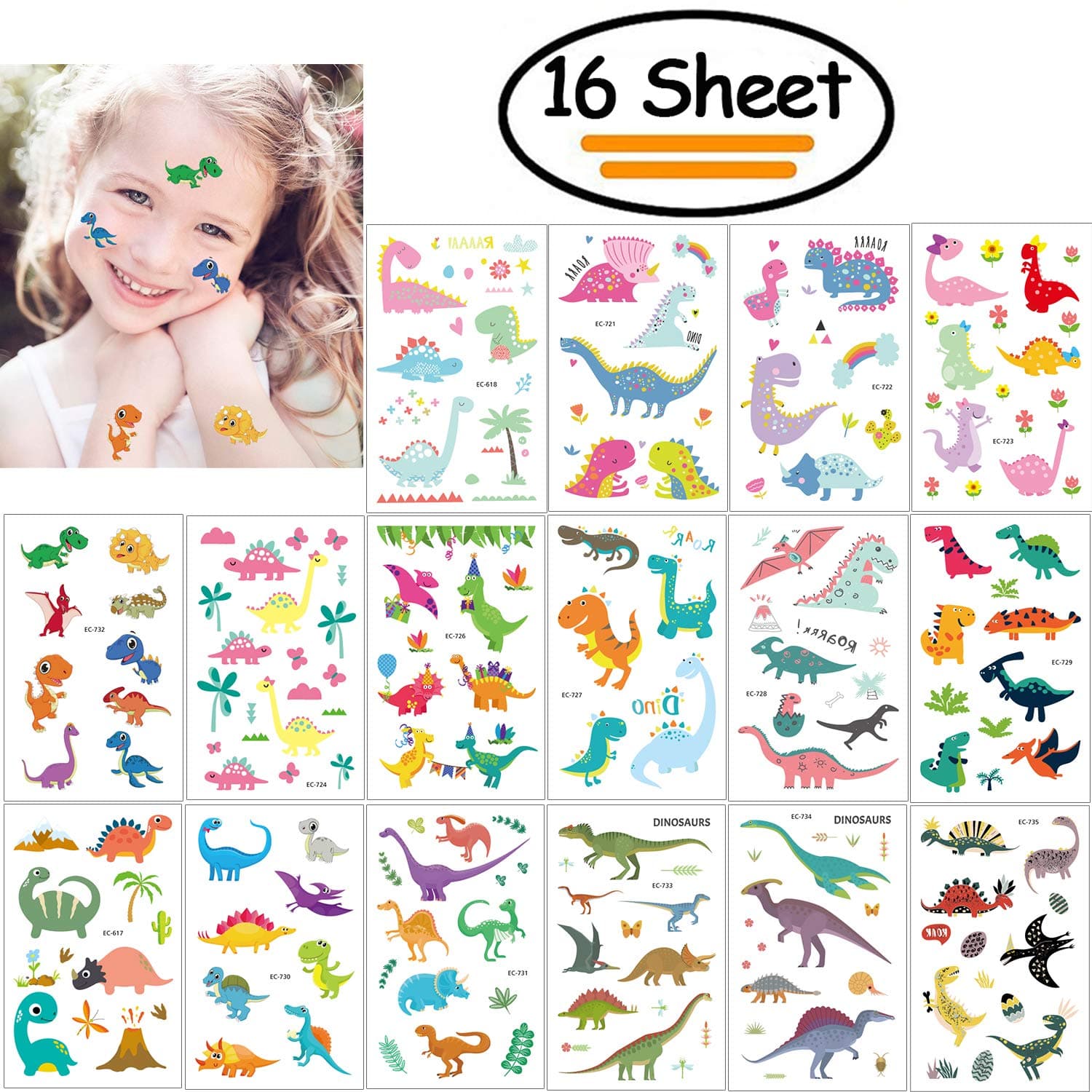 Vibury Dinosaur Temporary Tattoos for Kids, 16 Sheets Assorted Dinosaur Monsters Tattoos For Kids Party Bag Fillers and Party Supplies
