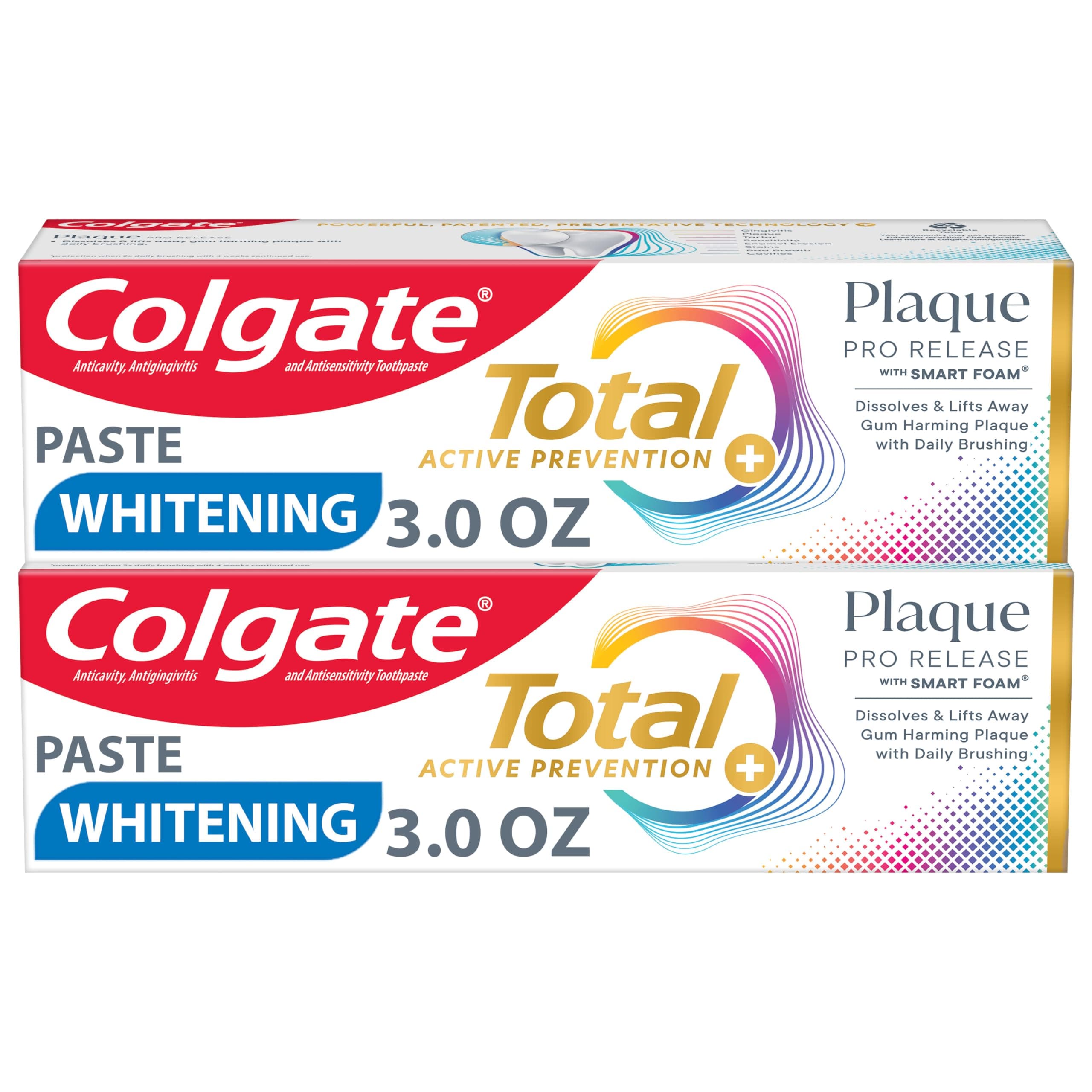 Colgate Total Plaque Pro Release Whitening Toothpaste Pack, Whitening Fluoride Toothpaste, Fights Plaque, Bad Breath, Tartar Buildup, and Helps Protect Teeth from Sensitivity, 2 Pack, 3.0 oz