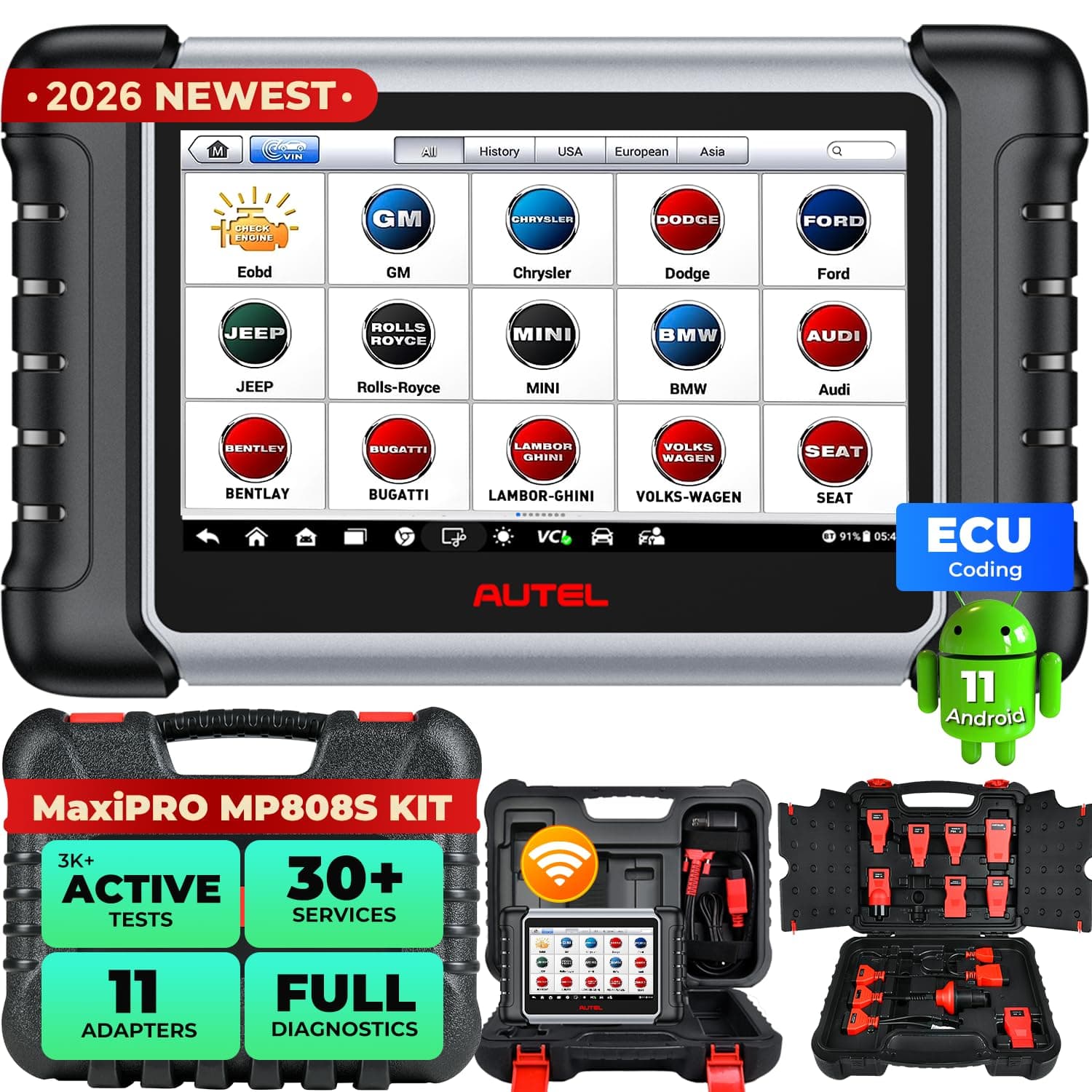 Autel MaxiPRO MP808S KIT Diagnostic Tool - 2026 Bidirectional Scanner, 2-Year Update, PRO ECU Coding as MaxiSYS MS906 PRO MS906BT MP900BT, Reflash Hidden, VAG Guide, 30+Resets, 11 Adapters