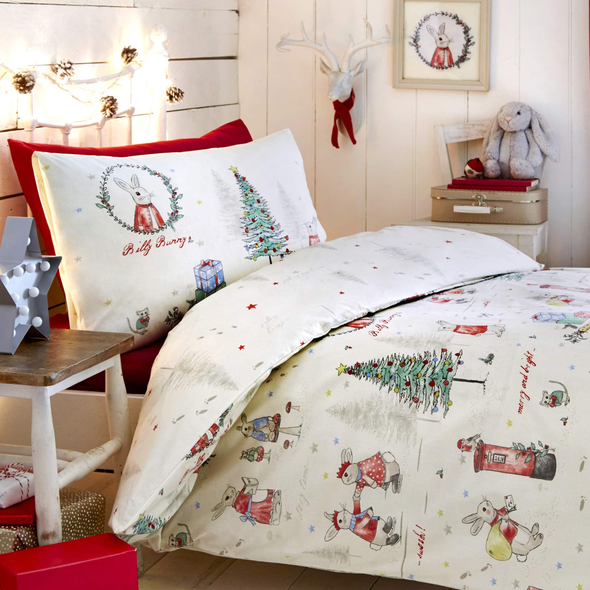 Bedlam Xmas Billy Bunny Post Box and Christmas Tree Reverse Duvet Cover Set, Polyester-Cotton, Multi-Colour, Double
