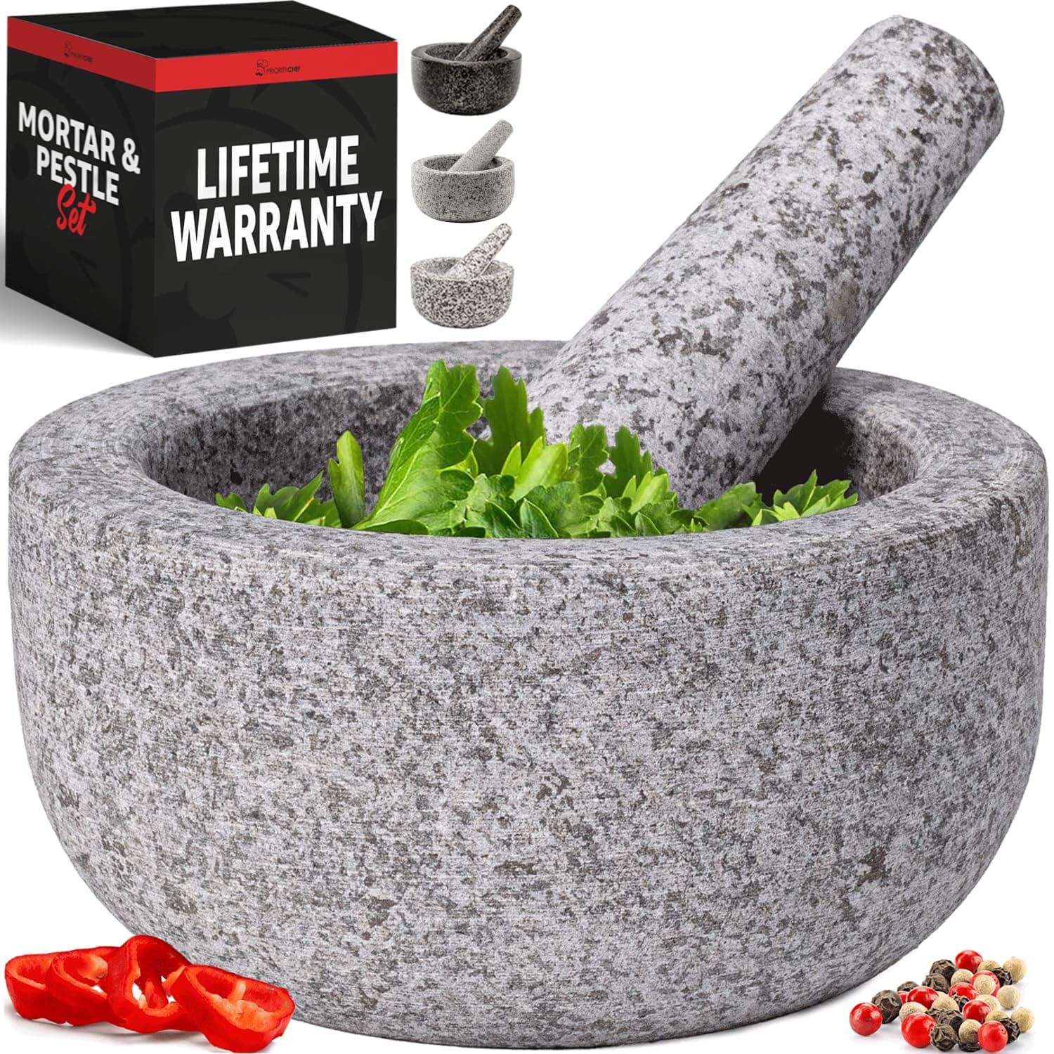 Priority Chef Heavy Duty Small Mortar and Pestle Set, 1.5 Cup, Make Fresh Guacamole, Salsa, Stone Grinder Bowl, Herb Crusher, Spice Grinder, 5.5" Wide, Grey