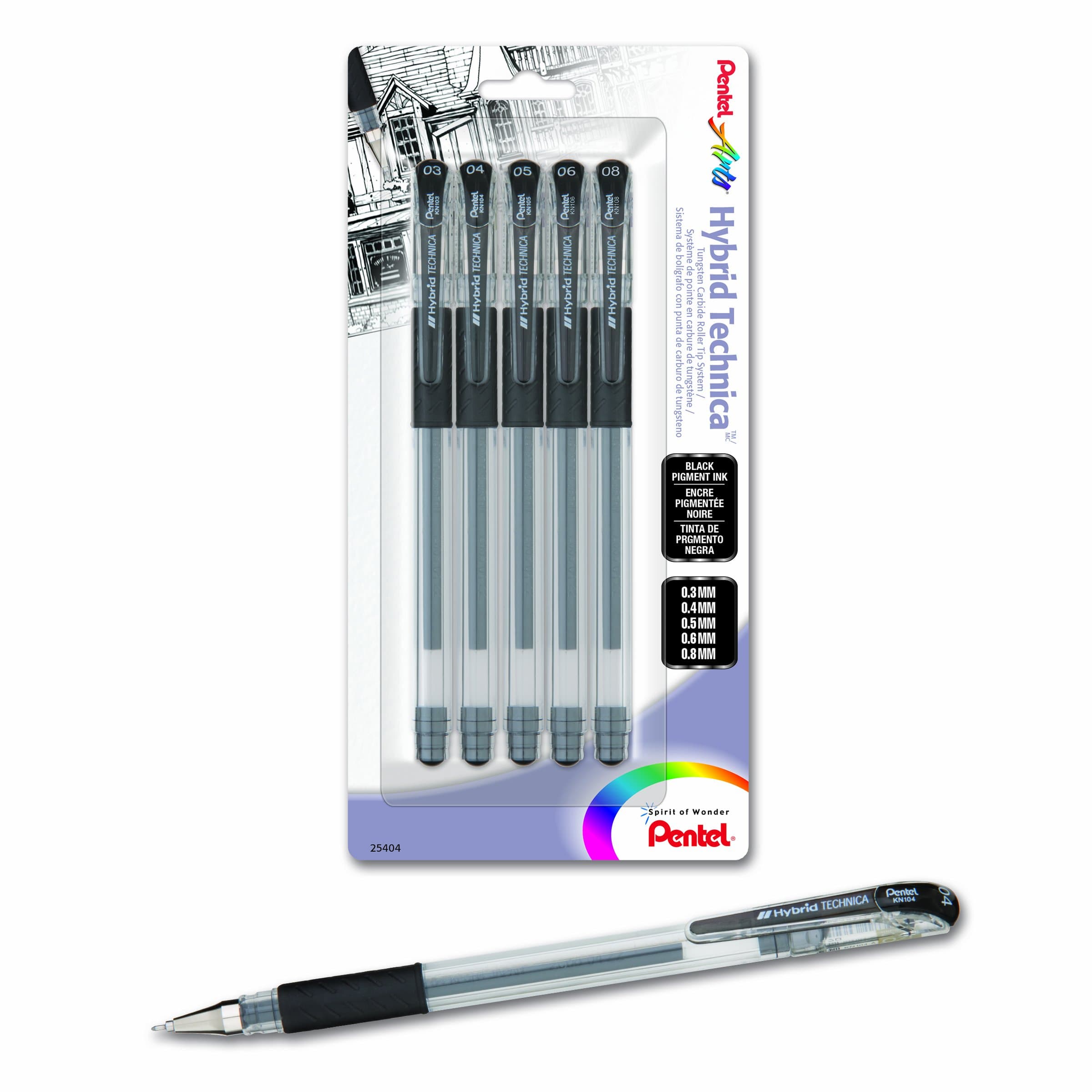 Arts Hybrid Technica Gel Pen with Assorted Tip Sizes, Black Ink, Pack of 5 (KN10BP5A)