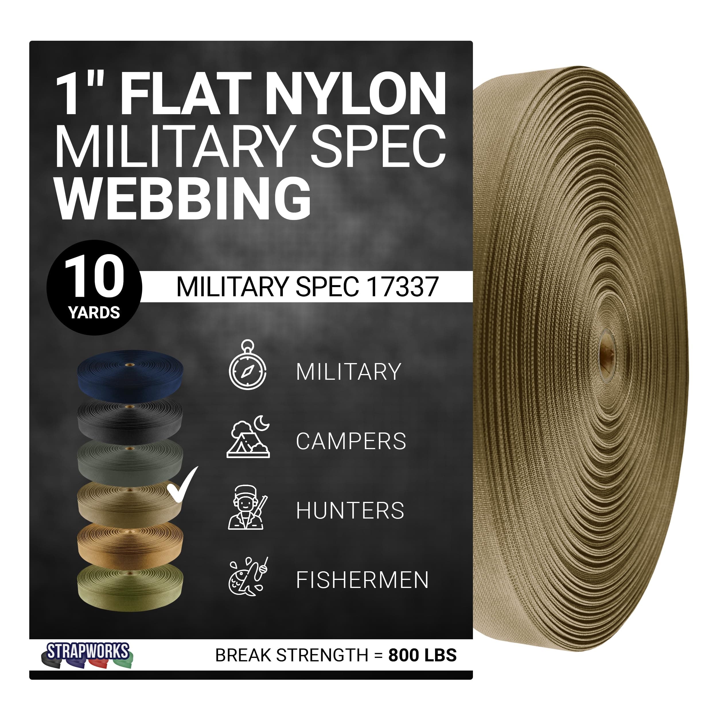 Strapworks Military Spec Flat Nylon Webbing – MilSpec 17337 Strap For Slings, Backpack Straps, Tactical Projects, 1 Inch x 10 Yards, 6 Colors