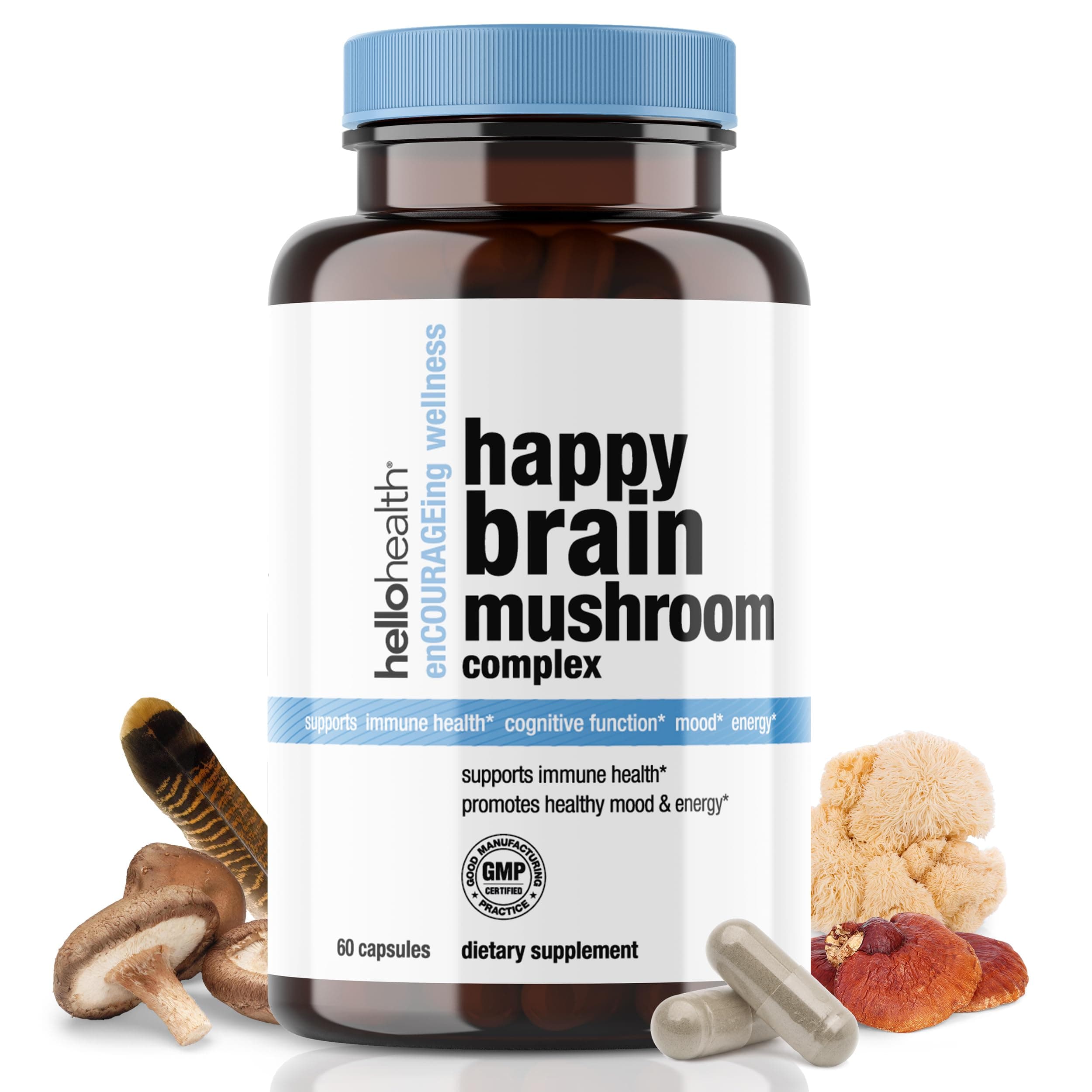 Happy Brain Mushroom Complex Nootropics Brain Support Supplement | 10 Mushroom Supplement: Lions Mane, Turkey Tail, Red Reishi, Shiitake Mushrooms for Mental Clarity, Energy & Immune Support 60 ct