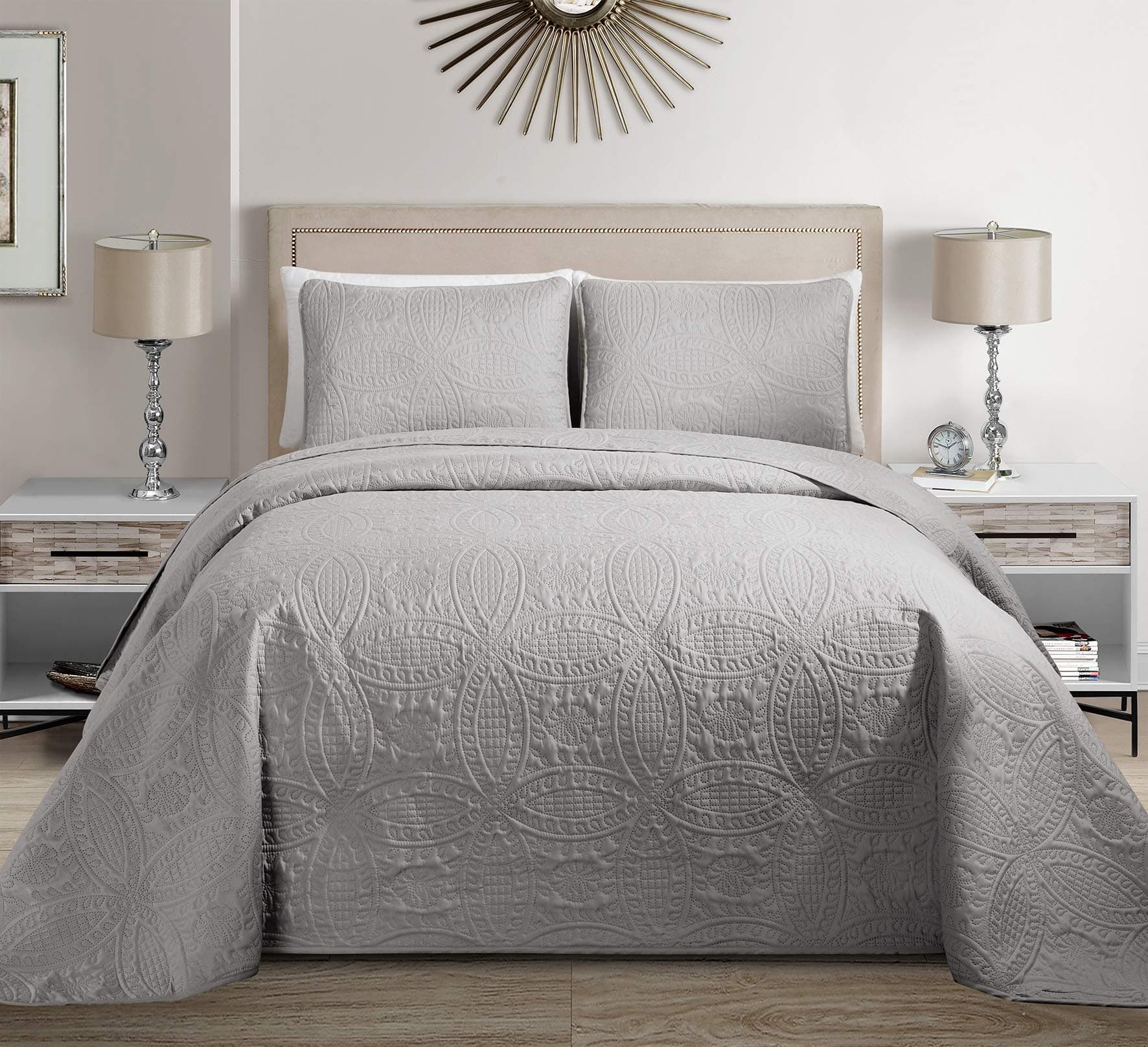 Linen Plus Collection 3 Pieces Full/Queen Over Size Embossed Coverlet Bedspread Set Solid Silver 106" x 100" New