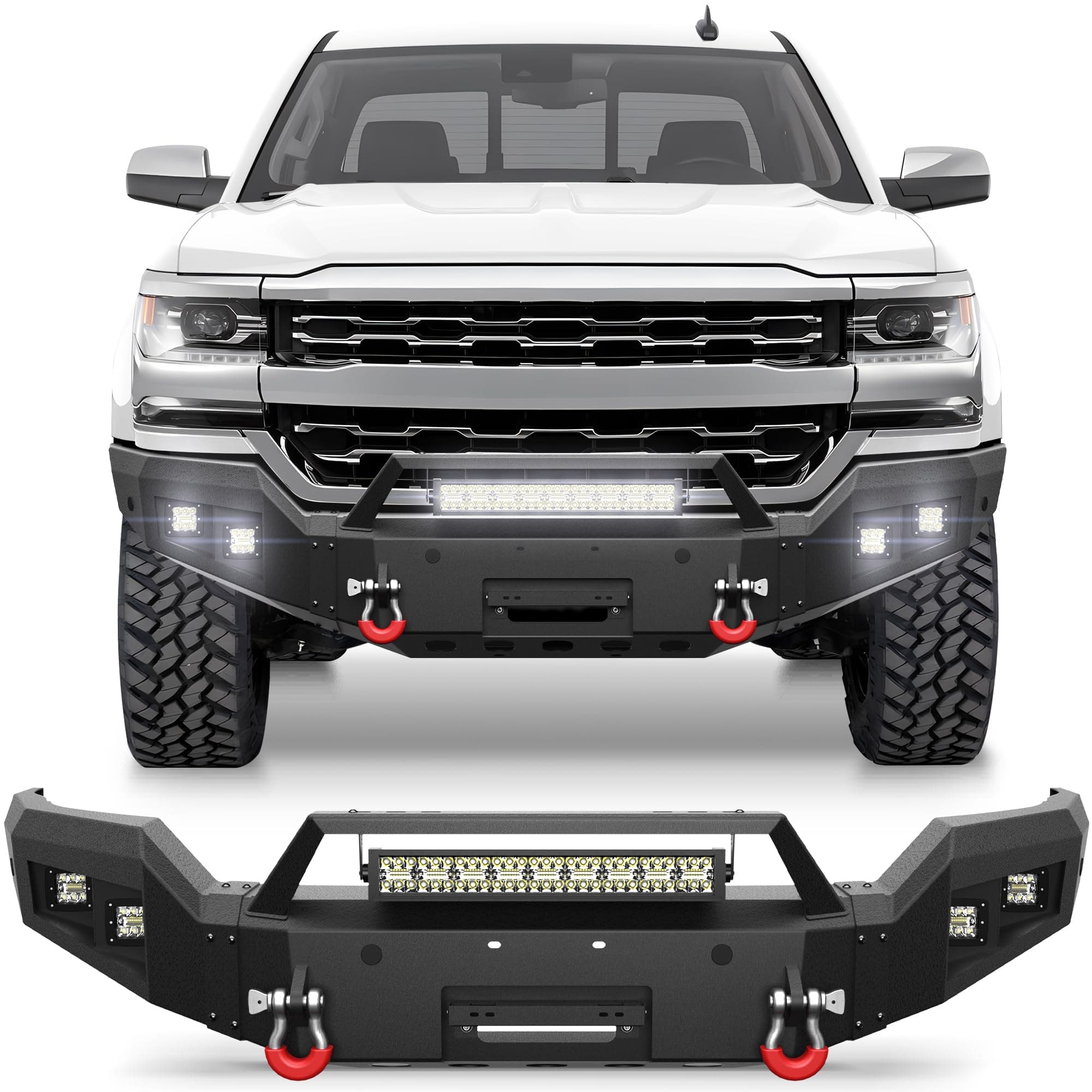 Front Bumper Fit for Chevy Silverado 1500 2016-2018, Pickup Truck Bumper Black with Winch Plate, D-ring and Lights (Compatible with Chevy Silverado 1500 2016 2017 2018